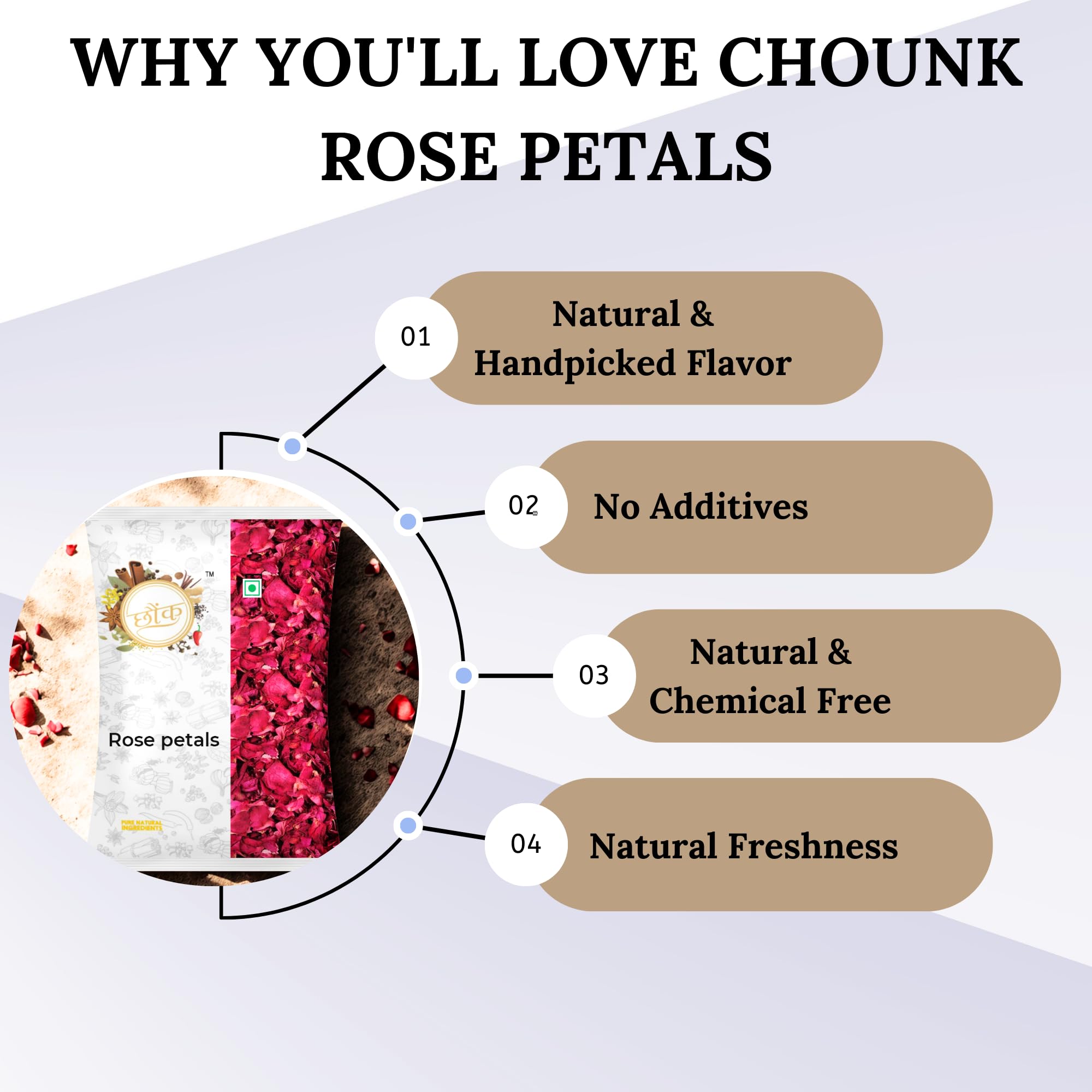 Chounk Premium Sun Rose Petals Dried - 100g, ( 100g x Pack of 1 ) | Dried Rose Petals Edible for Skin Care, Herbal Rose Tea, Decoration on Foods | Dry Rose Petal Edible Toppings for Indian Sweets | Gulab Patti dry 3