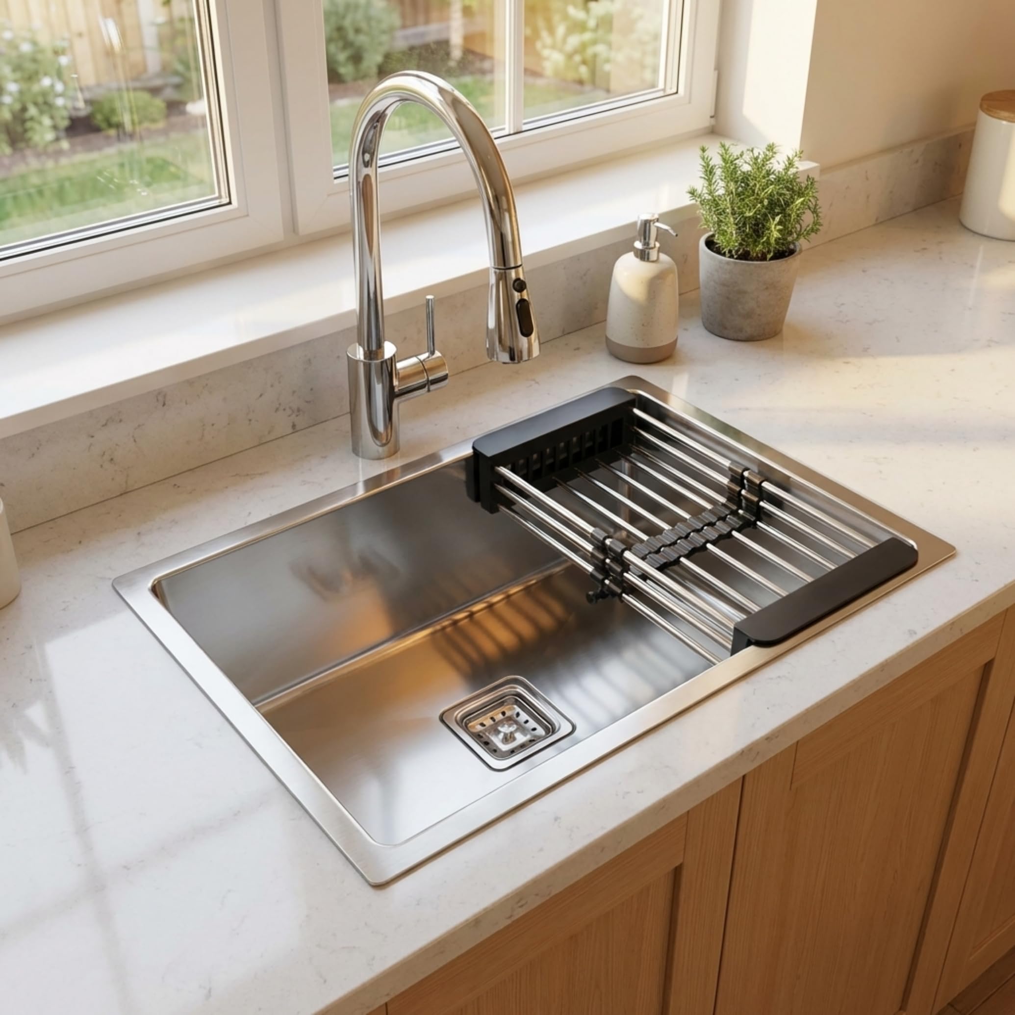 Gloxy Premium Handmade Kitchen Sink 24x18 Single Bowl, Modern Stainless Steel Kitchen Sink For Modular Countertops, Matte Finish, Rust Free Vessel Sink with Adjustable Basket-picture-19