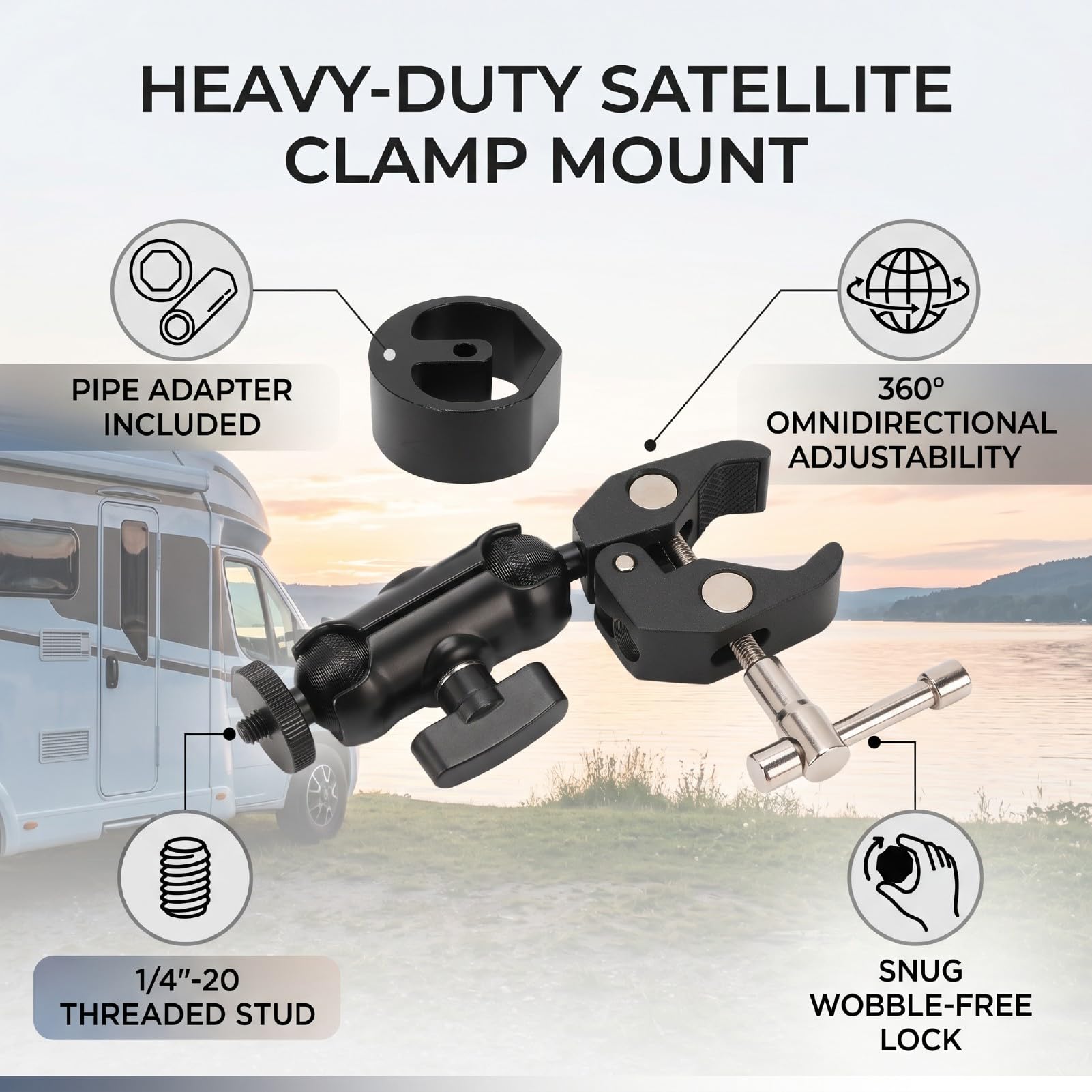 Supporto per Morsetto Satellitare, Filettatura 1/4"-20 e Regolabile a 360° | Anodizzato CNC, Blocco Antioscillazione, Lega di Alluminio, Impugnatura da 0,6" a 1,57", Supporto Satellitare per Barca