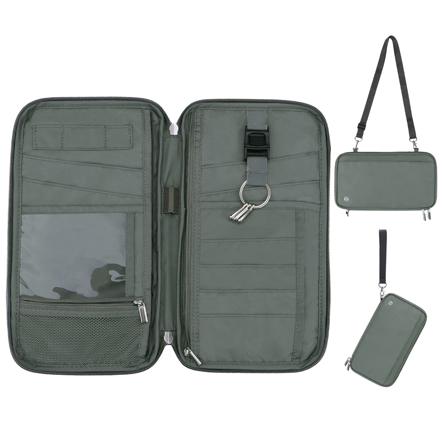 WALNEW RFID Family Passport Holder Wallet with Tracker/AirTag Holder, Travel Document Organizer Zipper Pouch with Wristlet and Cross Body Straps for