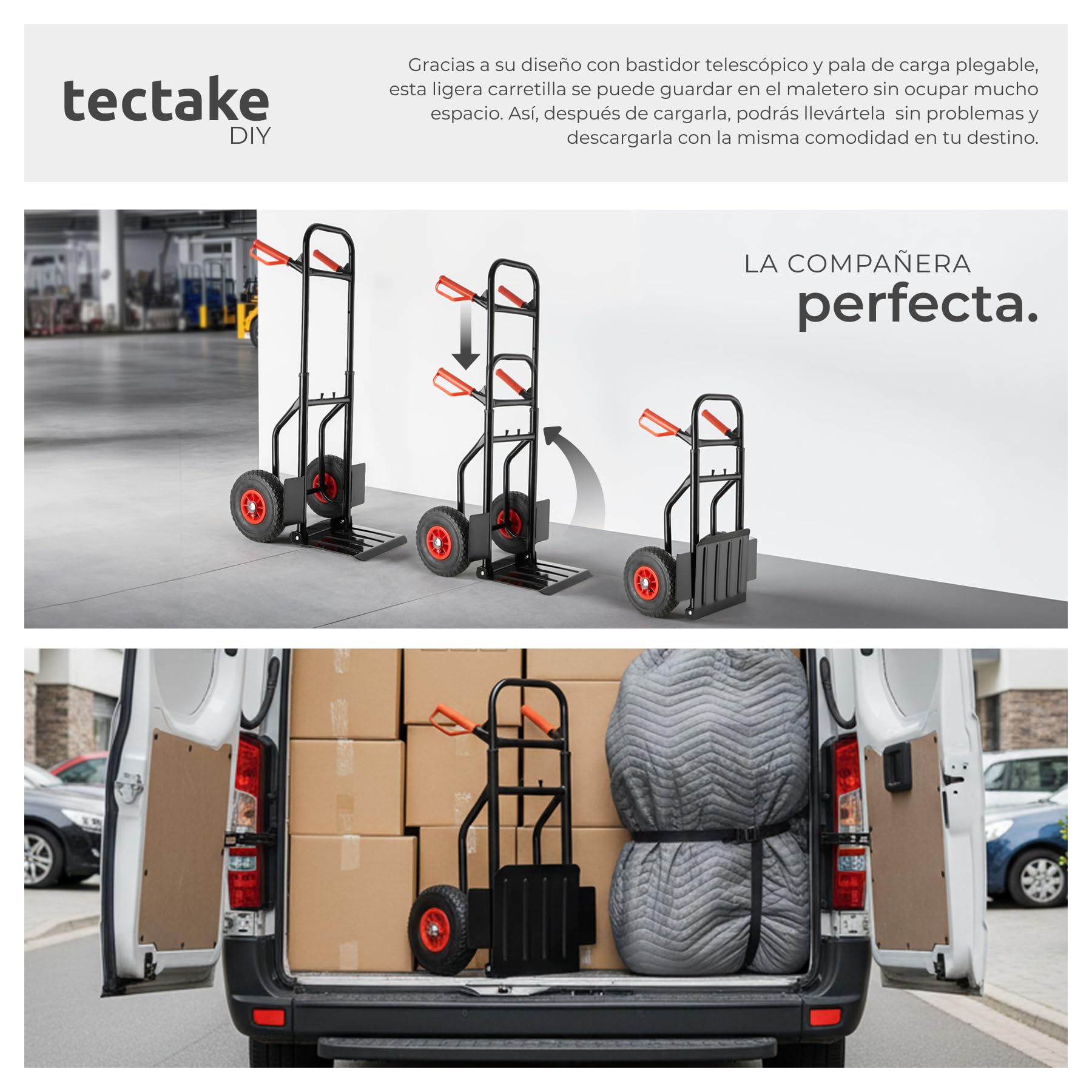 tectake® Carretilla de Mano Plegable, Estructura Robusta y Compacta, Extensible, Pala Plegable, Mangos de Seguridad, Fácil de Montar, Carro, Carretillas de Carga - Negro