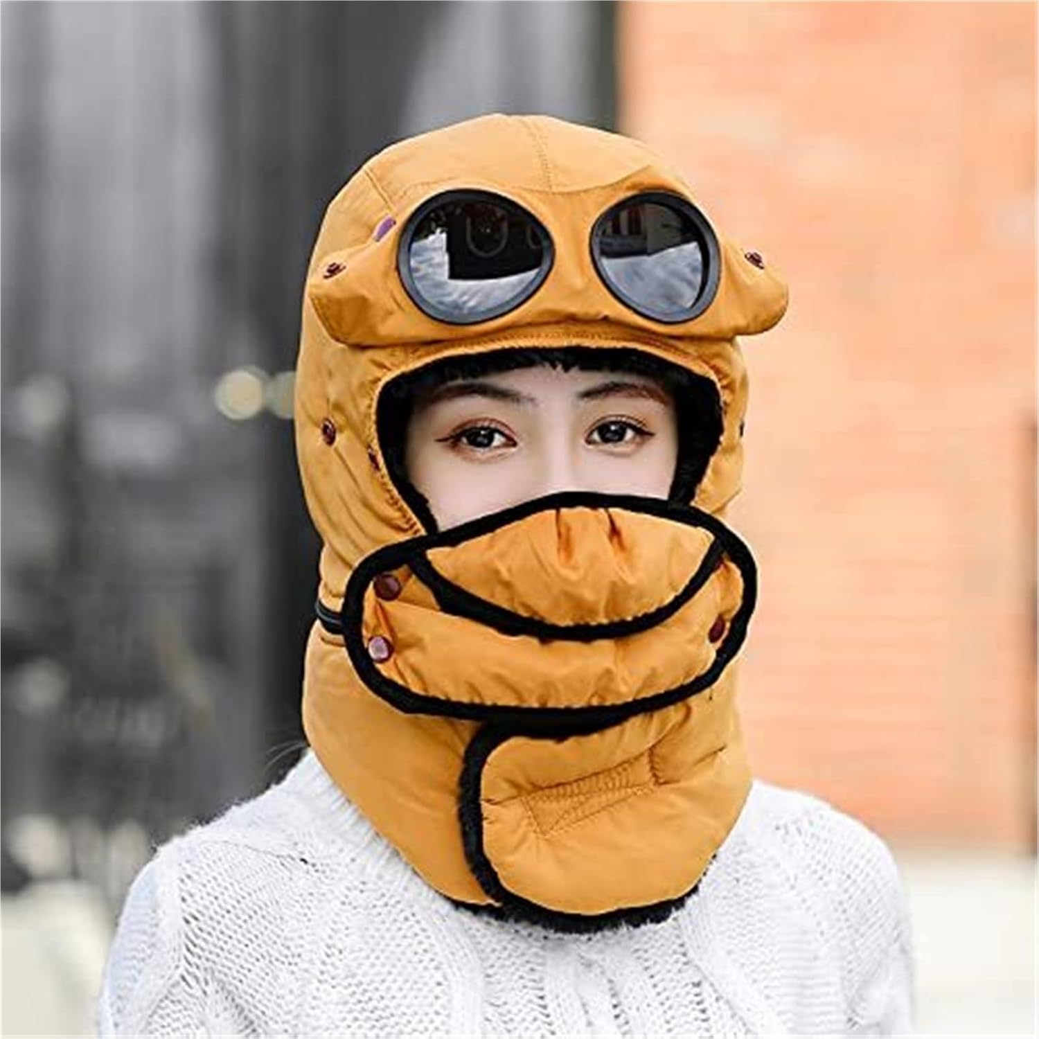 Winter Thermal Hat with Glasses, Outdoor Windproof Goggles and Face Mask Full Cover Balaclava, Ski Camping Trapper Cap(Black)