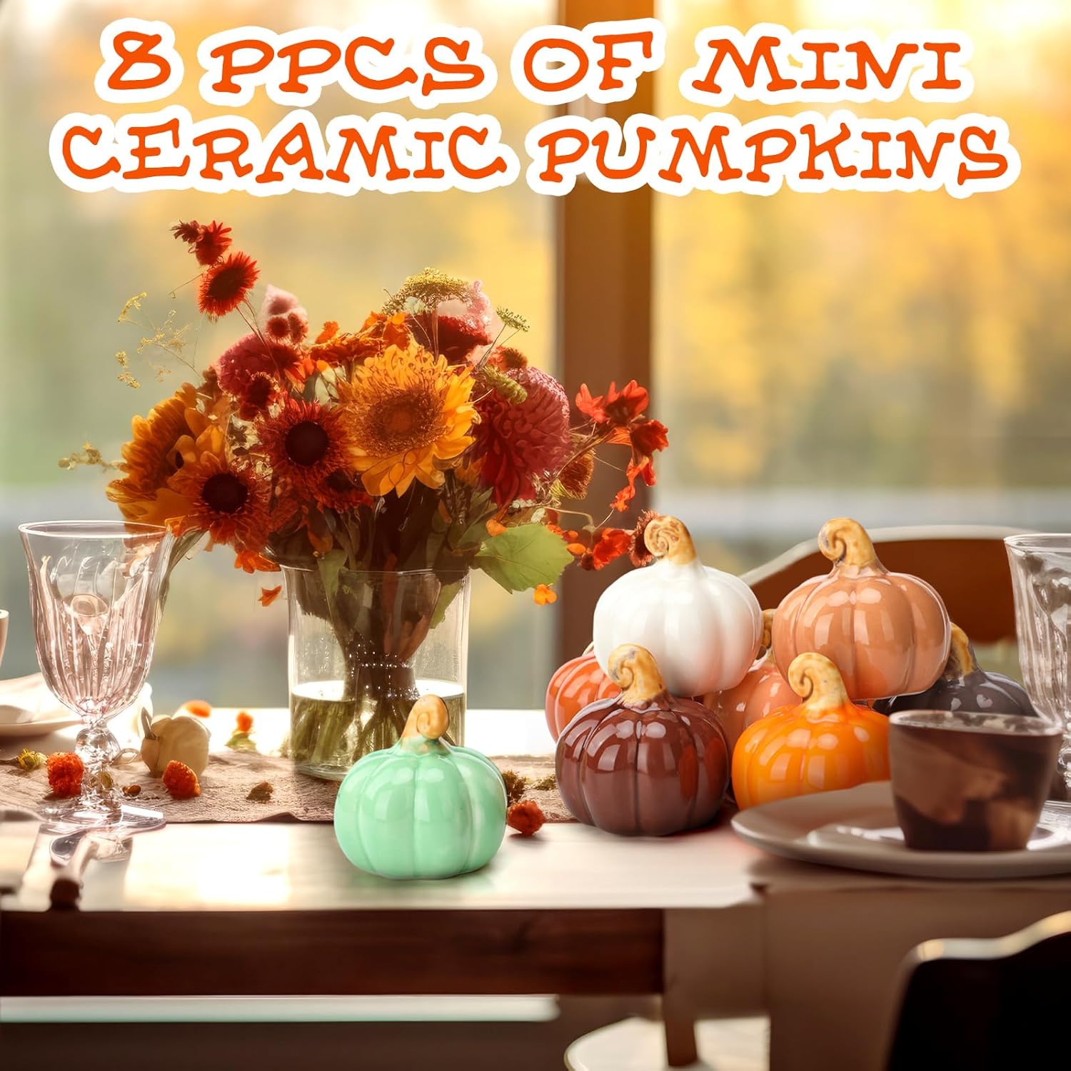 Geelin 8 Pcs Mini Ceramic Pumpkins Fall Thanksgiving Table Decor 2'' Mini Artificial Fall Pumpkin Decorations Pumpkin Harvest Figurines Centerpieces for Halloween Ornament Table Home Decor