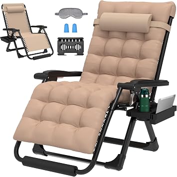 ZENPETIO 29In XL Zero Gravity Chair w / Cushion، Zero Gravity Recliner Lounge كرسي داخلي وخارجي ، كرسي تخييم مستلقٍ للحديقة ، كرسي مضاد للجاذبية مع حامل كأس ومسند قدم ، 440 رطل