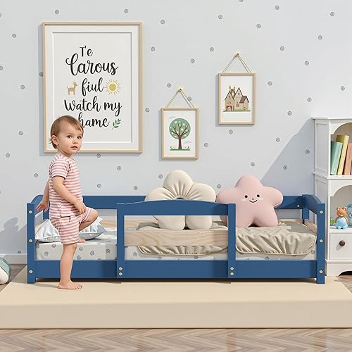 Miniatura 3 de Cama estándar para cuna, base de cama baja Montessori de madera con 2 entradas y barandillas seguras para niños y niñas, azul niebla Azul (Mist