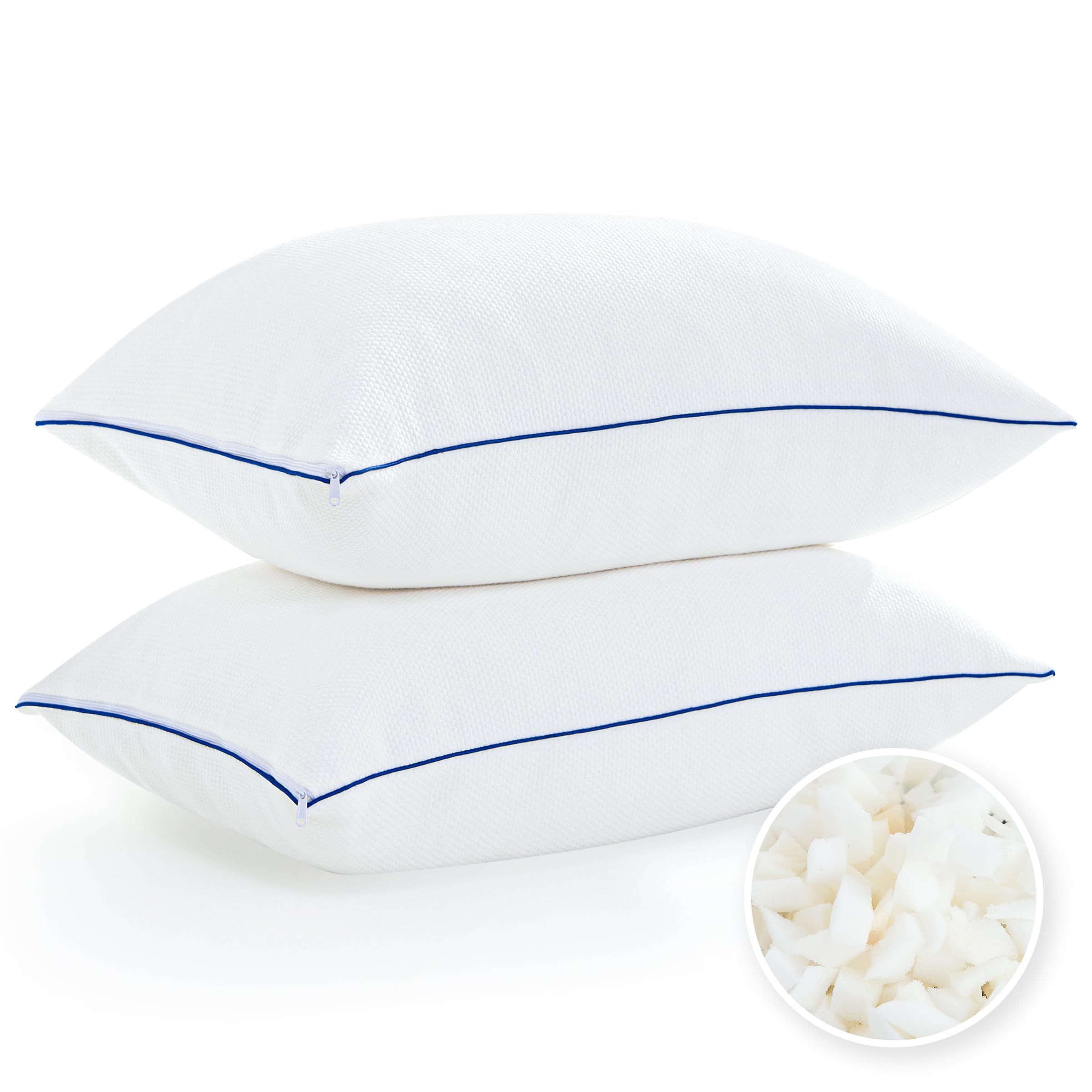 Photo 1 of CHUN YI Shredded Memory Foam Pillows Queen Size Set of 2, Bed Pillows for Sleeping 2 Pack for Back Stomach Side Sleepers, Firm Pillows with Removable Bamboo Cover 20x30 in White Queen