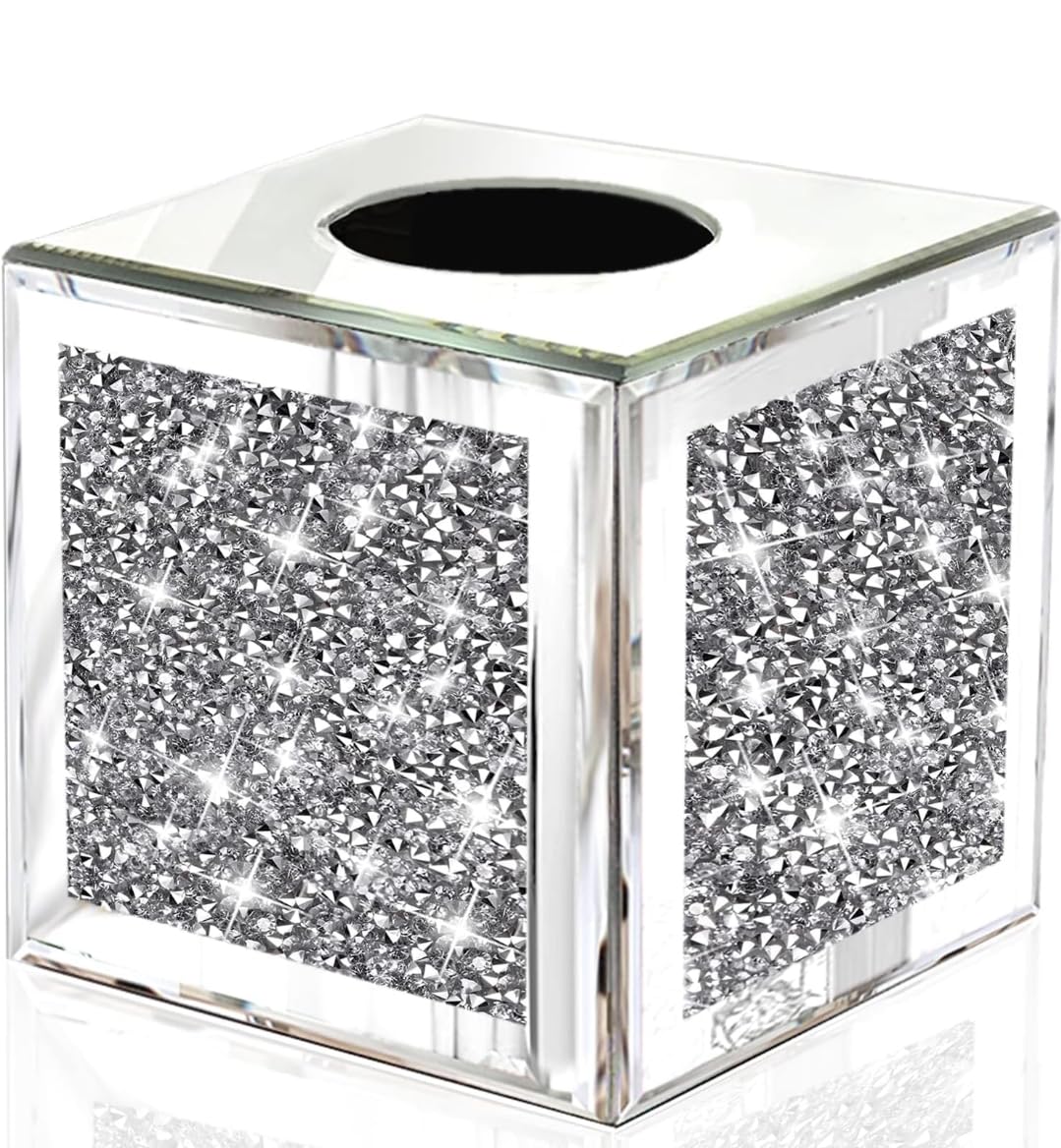 Segoy Silver Glass Crushed Diamond Cube Square Tissue Box Holder, Mirrored, Crystal, Multicolour, For Bathroom, Dressing Table Square Tissue Box - 15Cm