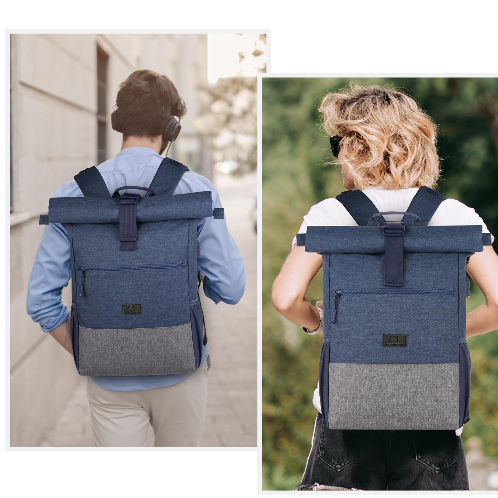 Rolltop Sac à dos pour ordinateur portable 17,3" pour homme, pour université, affaires, vélo, voyage, école, adolescent, bleu gris