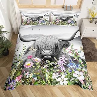 Highland Cow Duvet Cover Queen,Watercolor Flowers Animals Plants Bedding Set 3pcs for Kids Teen Adults Room Decor,Rustic Farmhouse Floral Comforter Cover Vintage Natural Quilt Cover,2 Pillowcases
