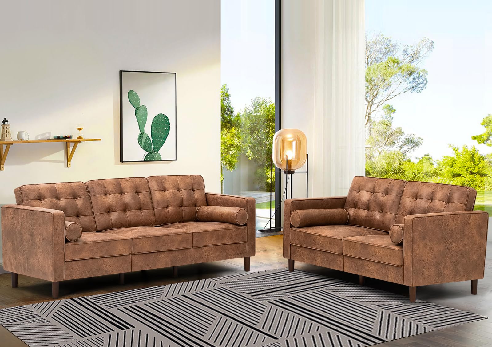 Lesofair 2 Pieces Suede Leather Sofa Set with Bolster Pillows,Tufted 3-seat Sofa and Loveseat Couch with Wooden Legs, Upholstered Living Room Set for