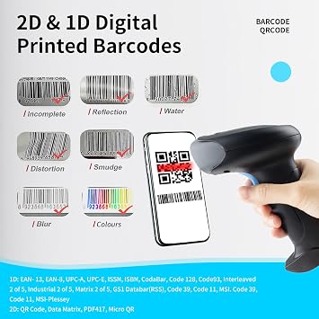 Wireless Barcode Scanner USB Handheld Laser Bluetooth Barcode Scanner 1D 2D QR Screen Scanning Bar Code Reader Works with PC, iPad, Smartphone, Laptop-U26