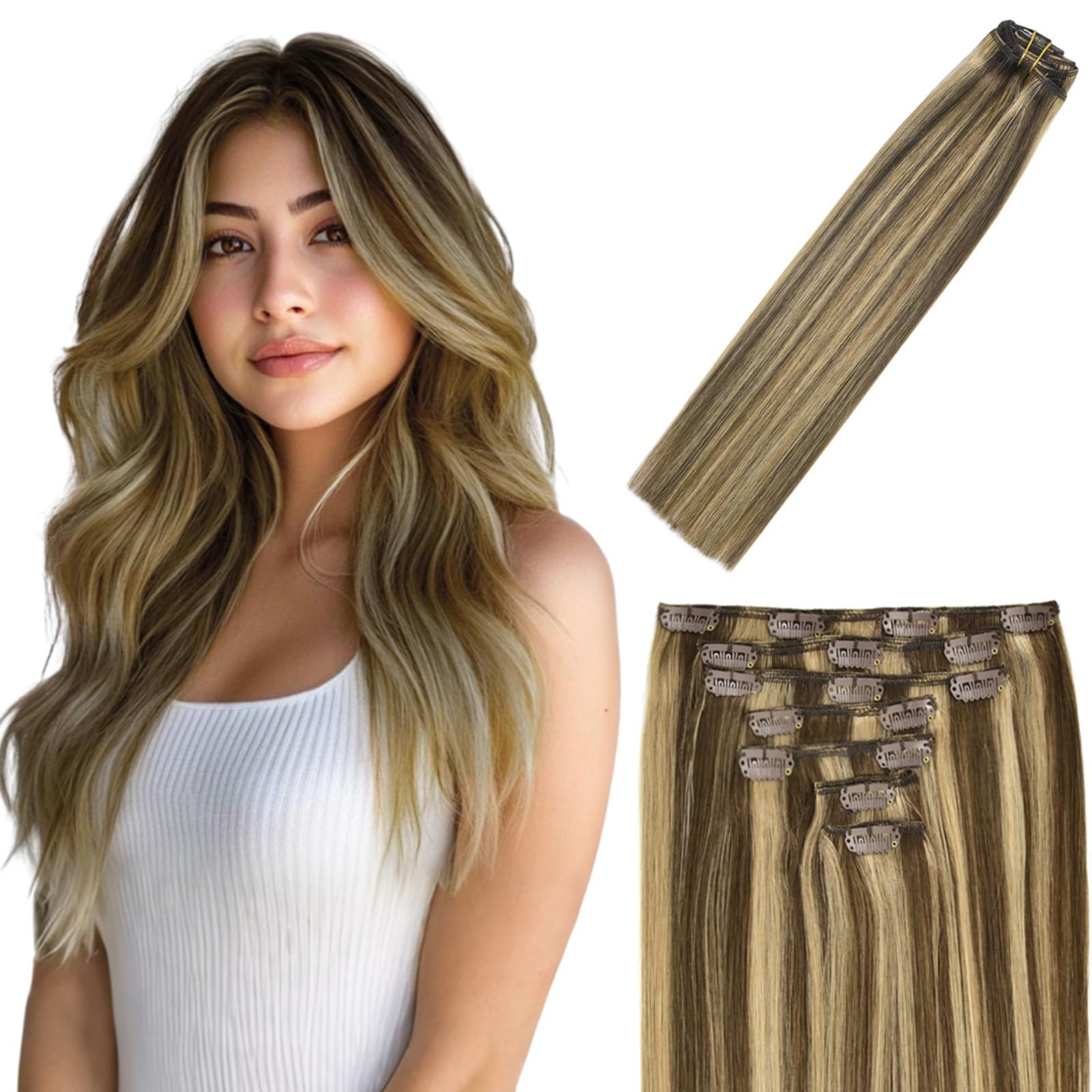 Clip in Hair Extensions Real Human Hair 120g 7pcs Human Hair Clip in Extensions 14 Inch Chocolate Brown to Light Blonde #4/27 Thickened Straight Real