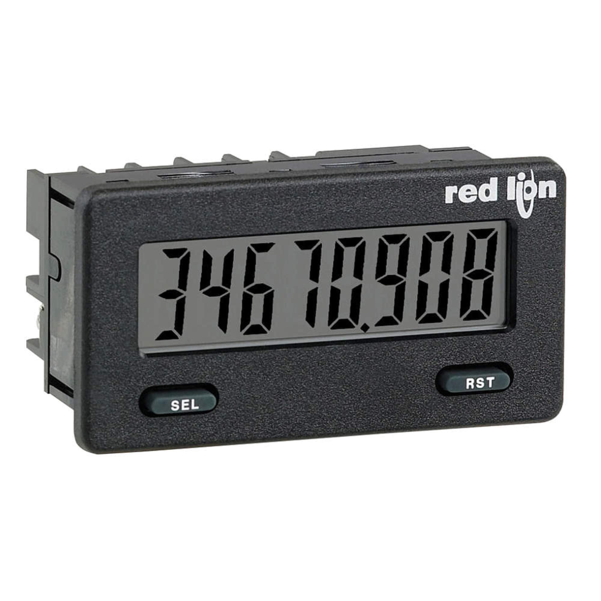 Red Lion CUB5R000 Multi-function Counter with digital display showing '346 789.00' and 'SEL' and 'RST' buttons.