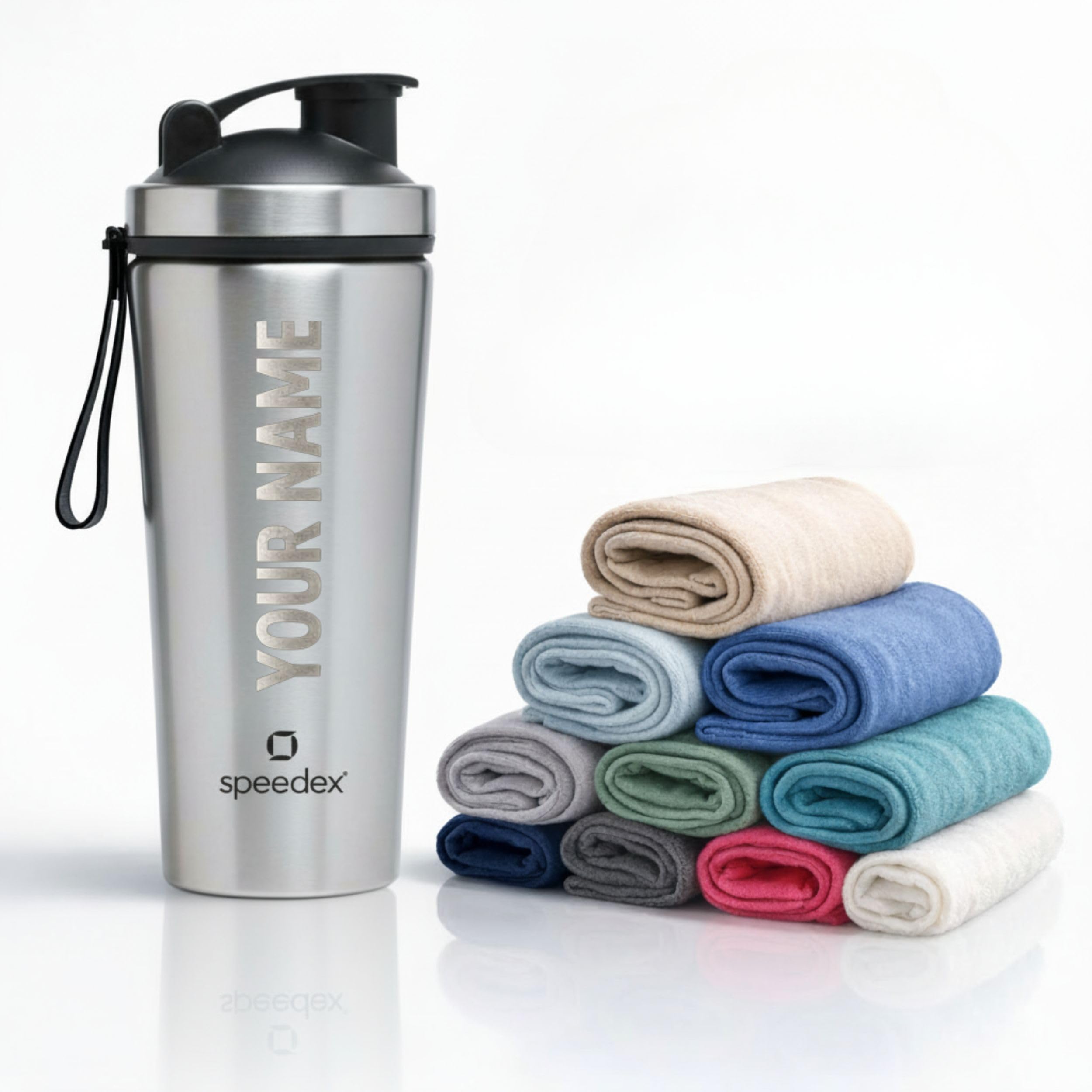 Speedex Customized Stainless Steel Gym Shaker Bottle 750ml with Mixing Ball & Towel, Leakproof Flip Cap, Wide Mouth, Measurement Markings, Personalized Name/Logo Metal Protein Shaker – Silver-image-16