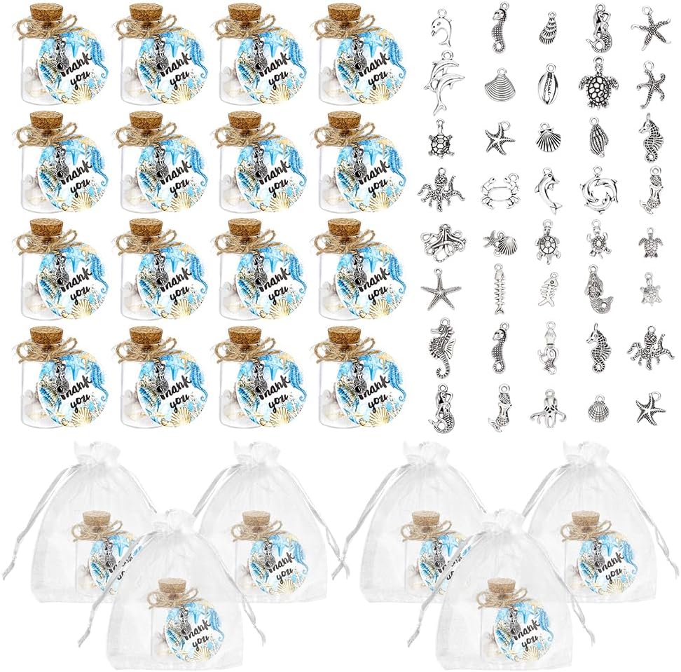 PH PandaHall 50 Sets Beach Wedding Favors for Guests Coastal Summer Beach Ornaments DIY Nautical Glass Message Bottle with Seashell Starfish Pendants Organza Gift Bags for Summer Wedding Party Favors
