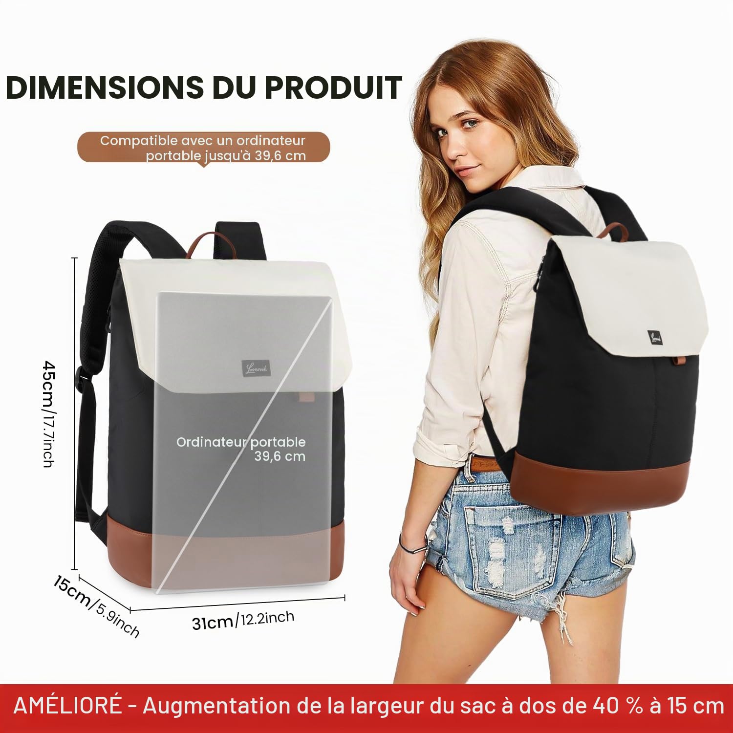 LOVEVOOK Sac a Dos Femme, 15.6 Pouces Sac à Dos Ordinateur Portable Voyage, Sac Travail Antivol pour Ordi Pc Etanche, Travel Backpack Pakkable pour Voyage Loisir Travail Affaire College École Noir