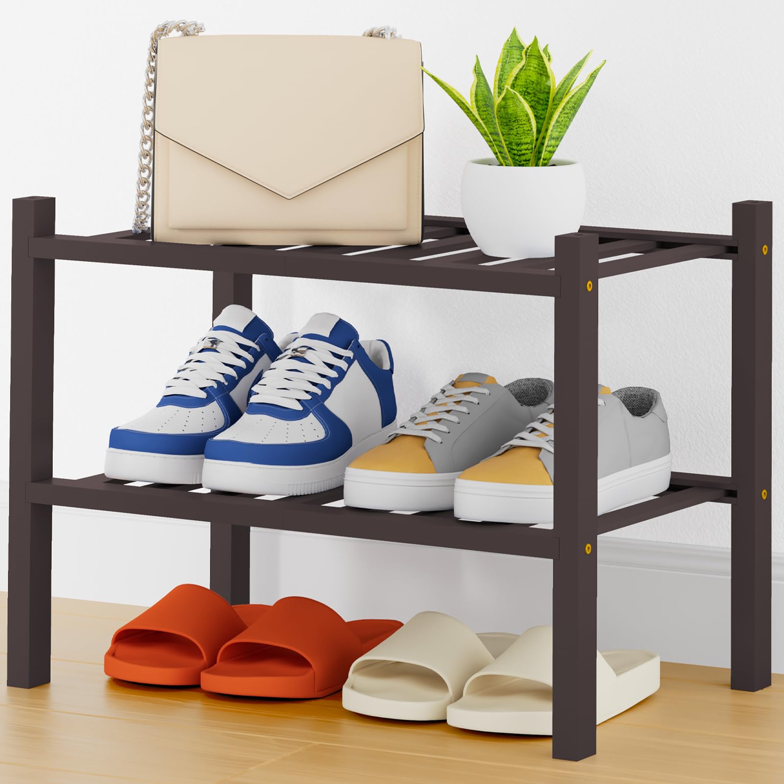 Smiry Bamboo Shoe Rack, 8 Vertical Slats, 2 Tier - 17.3" Wide, Brown
