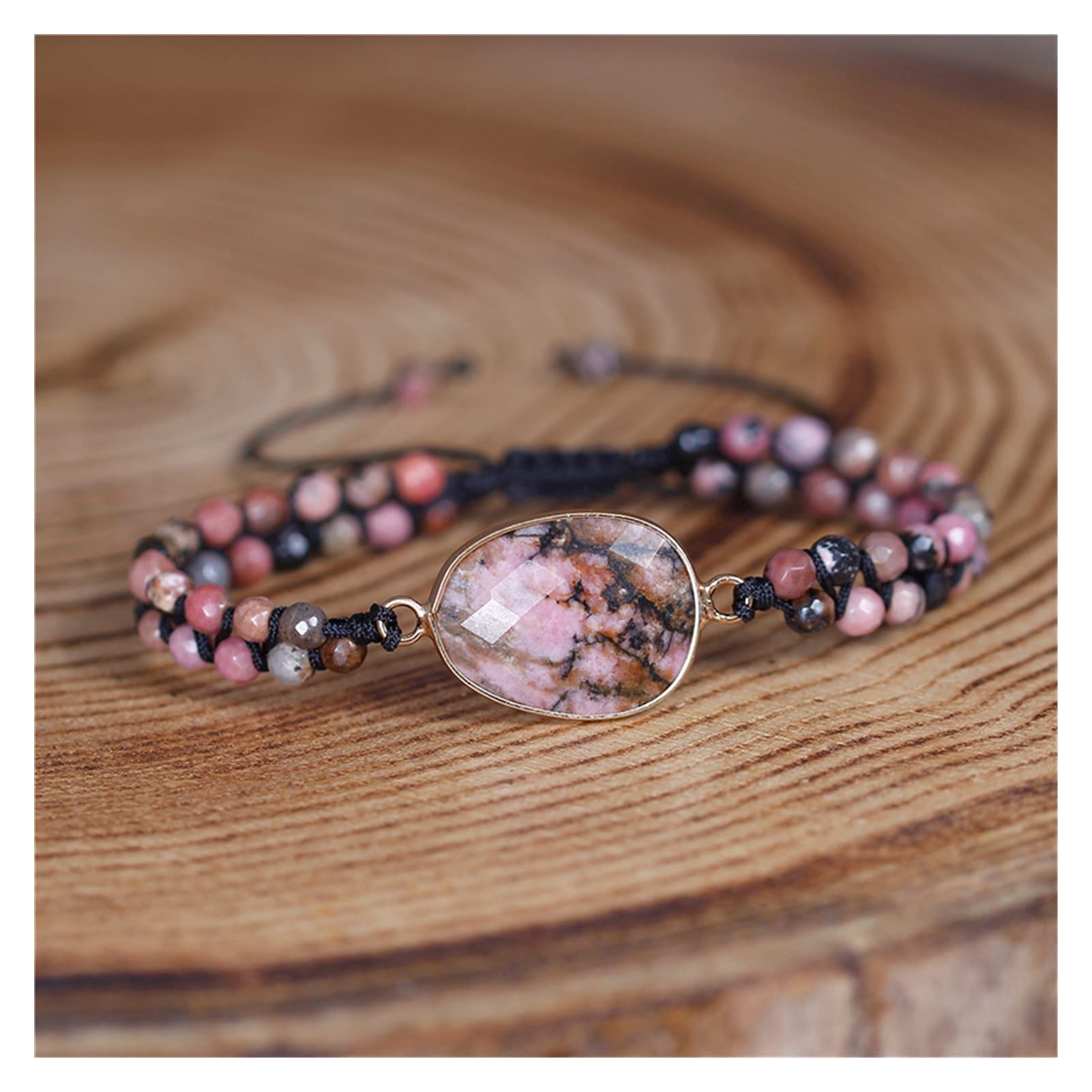 Pulseras Pulseras Pink y Negro Piedra Natural Trenzado Macrame Center Encanto Pulsera con Cuentas Pulsera de Mujer Joyería