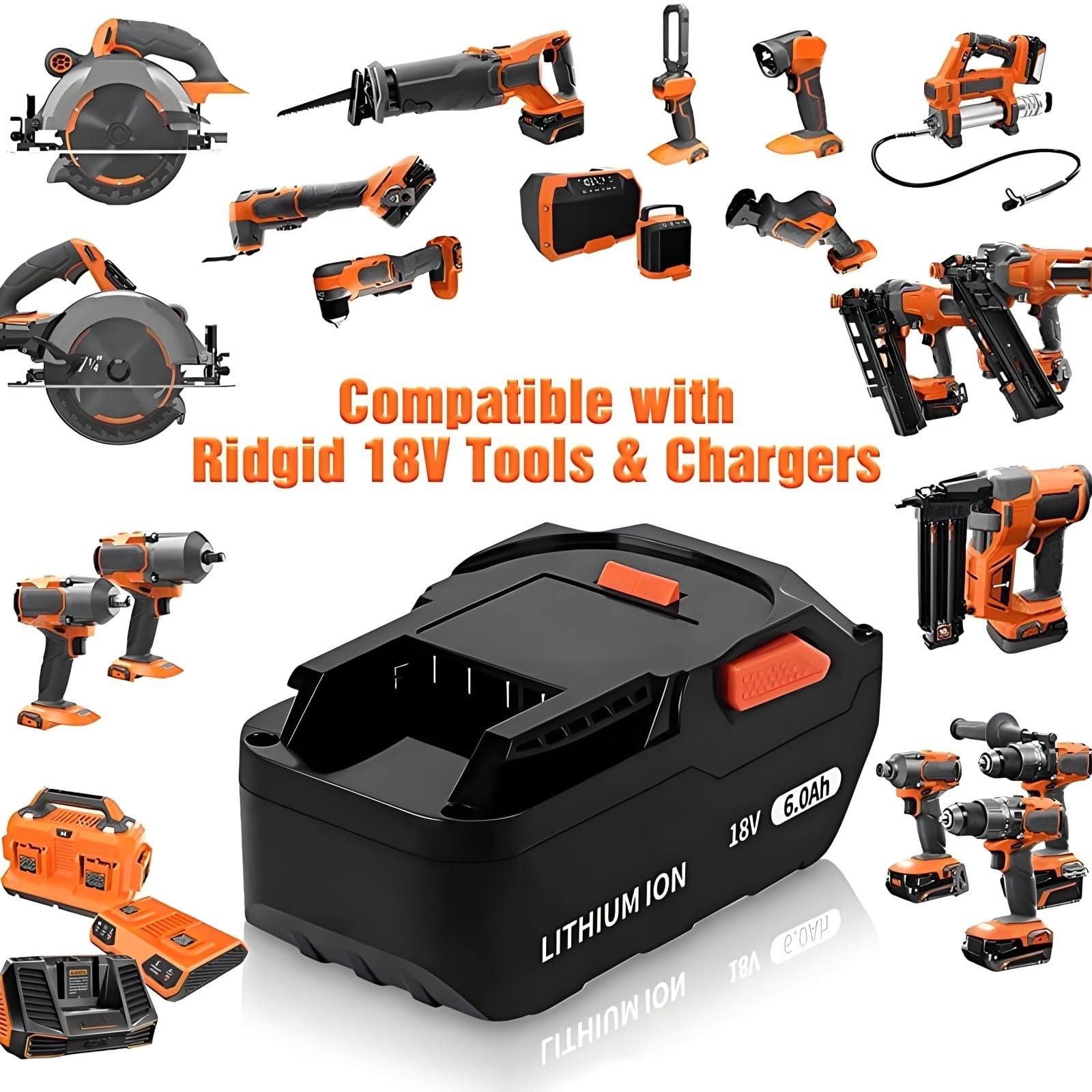 Batterie Li-Ion 18V 6000mAh, Compatible Avec RIDGID 18V R840083 R840085 R840086 R840087 Série, Compatible Avec AEG 18V Outil Sans Fil(1PC 6000mAh)