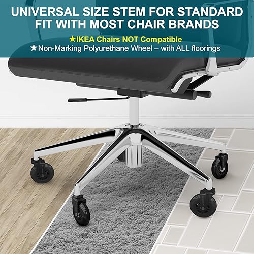 Miniatura 10 de TICONN Juego de 5 ruedas giratorias para silla de oficina con freno para azulejos, suelos de madera dura y alfombras, ajuste universal para la