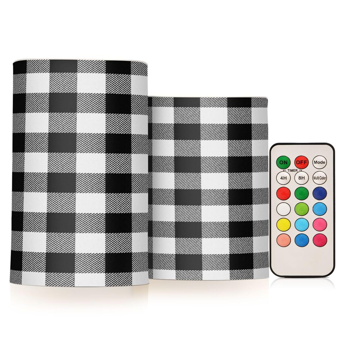 JUMBEAR LED Candles Set of 2,White Black Buffalo Plaid Flameless Candles 4" 5" Real Wax Battery Candle Pillars, 18 Key Remote Control with 24 Hour Timer Function