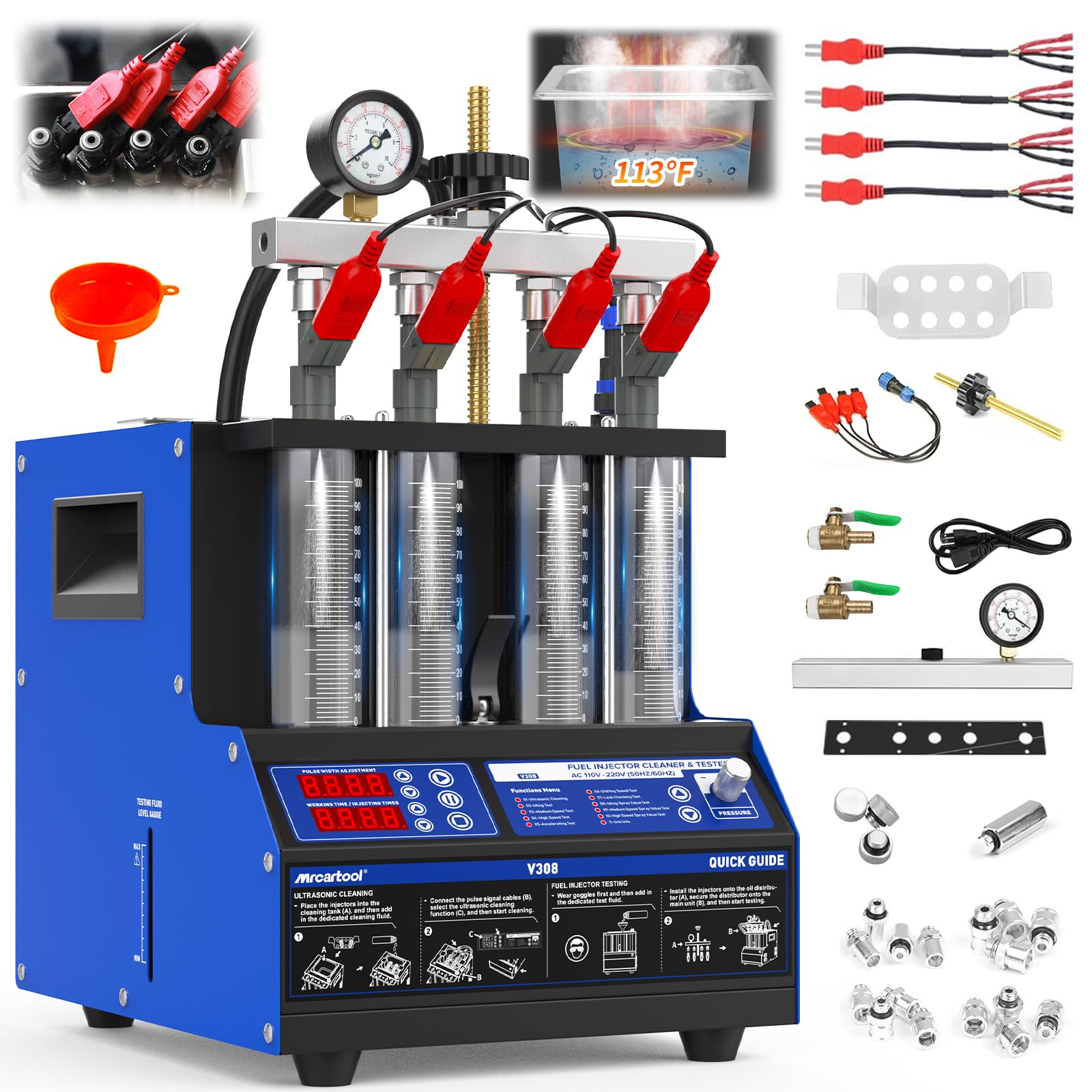 BELEY Limpiador de inyectores ultrasónicos de 220 V y dispositivo de prueba con función de calefacción, limpiador de inyectores de combustible con 10 funciones de prueba, pantalla LED y adaptador de 4