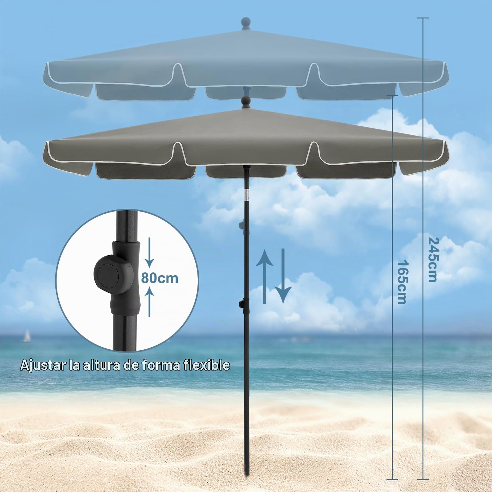 WOLTU Sombrilla Jardín, Parasol Terraza Inclinable, Sombrillas Terraza 2x1,2 m, Sombrilla Playa Jardin Piscina Balcon, Parasol Grande para Exterior, Tela 160 g/m², Proteccion Contra UV, Gris oscuro
