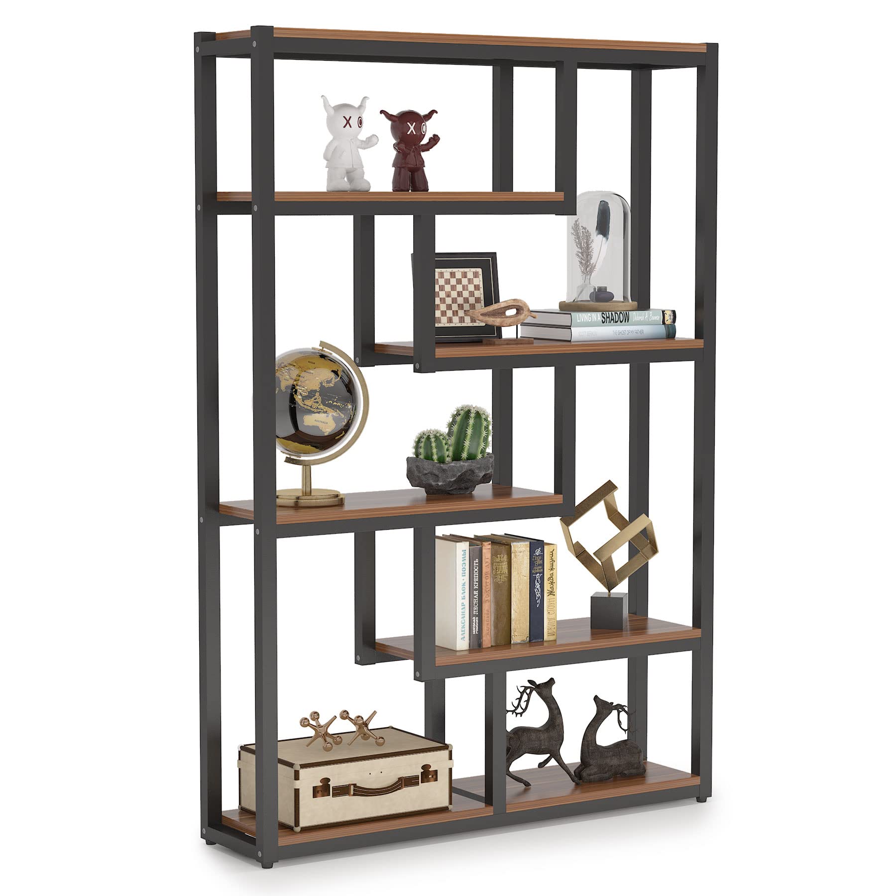 TribesignsWAY TO ORIGIN 6-Shelf Industrial Bookshelf, Vintage Etagere Bookcase, 69 Inch Tall Storage Display Staggered Shelves with Sturdy Metal Frame for Home Office, Dark Walnut