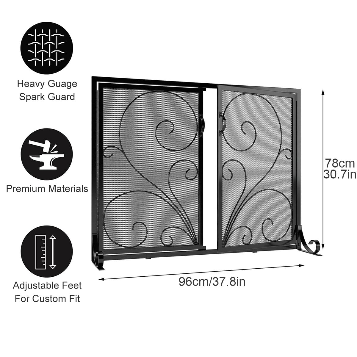 Protector Chimenea Plano con Puertas De Hierro Forjado, Malla Metálica Salvachispas Chimenea, Pantalla Decorativa con Diseño De Rollos para Chimeneas De Hogar