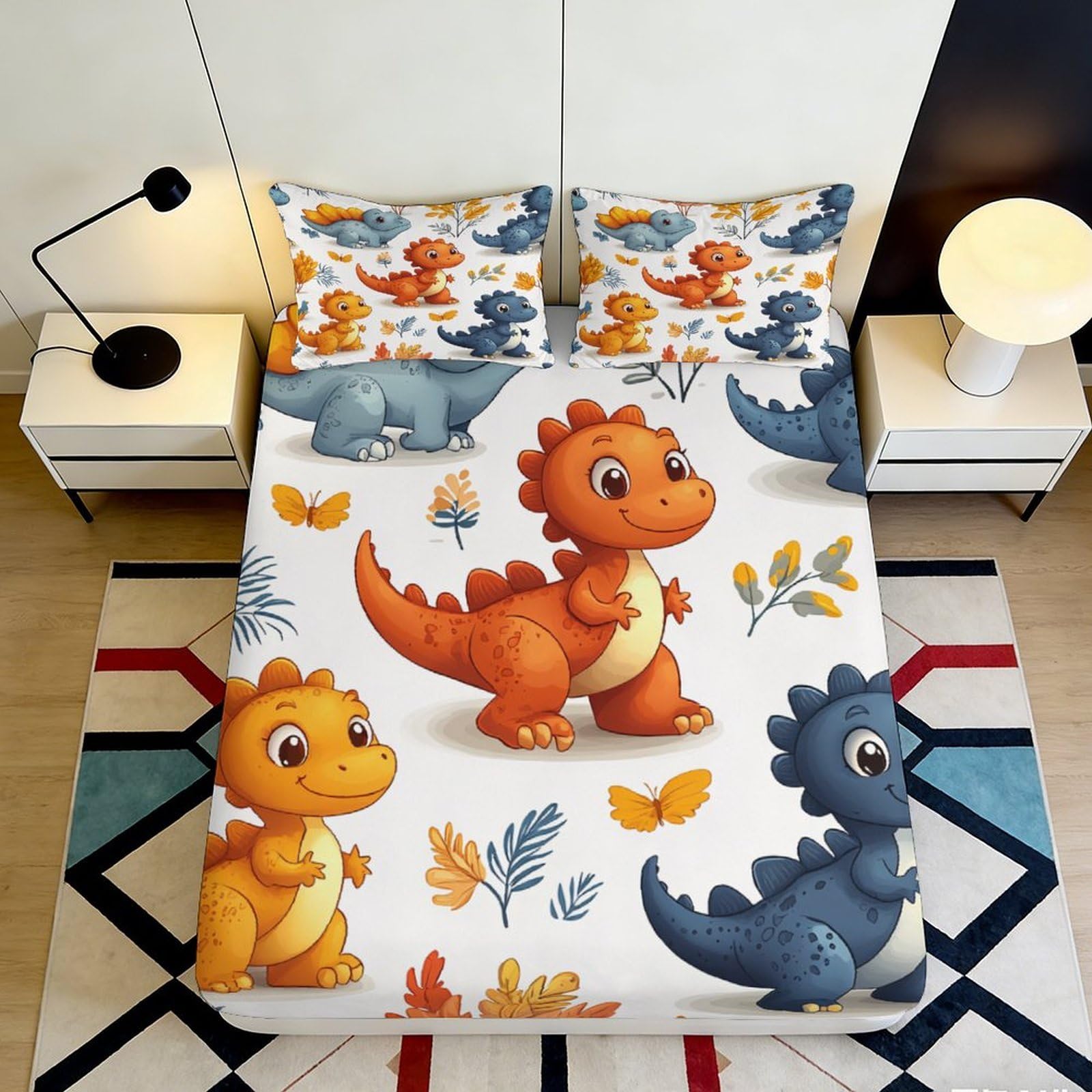 3D Printed Cute Dinosaur Fitted Sheet Microfiber Soft Breathable Cartoon Jurassic Bed Cover for Bedroom Dormitory Guest Room Mattress Protection 90x200x25cm