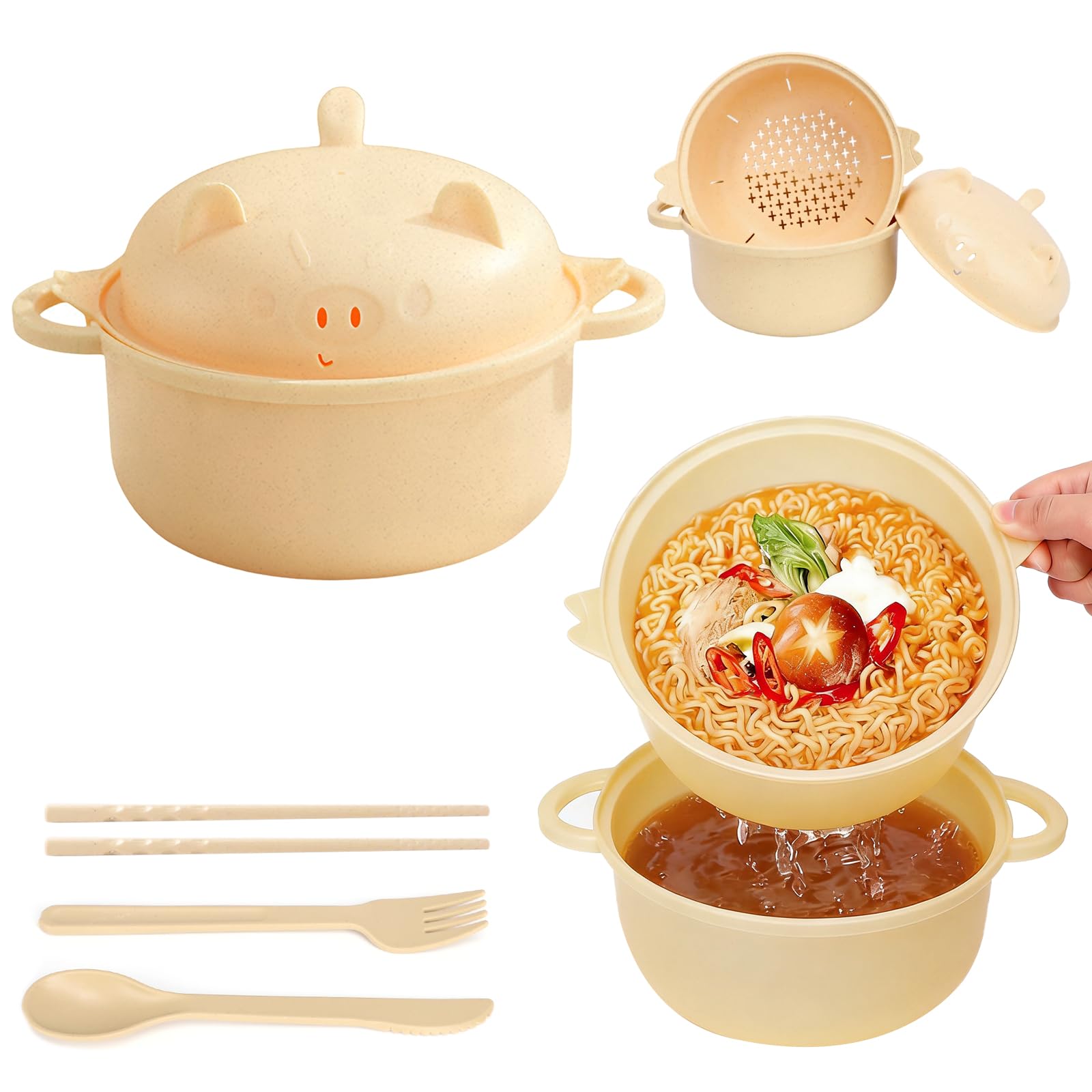 EOAMGO Noodle Bowl with Lid, Ramen Bowl Set, Microwave Noodle Bowl with Chopsticks and Fork, Instant Noodle Pot Soup Bowl, 1200ml Portable Large Ramen Bowl with Pig Salad Bowl, BPA Free (Yellow)