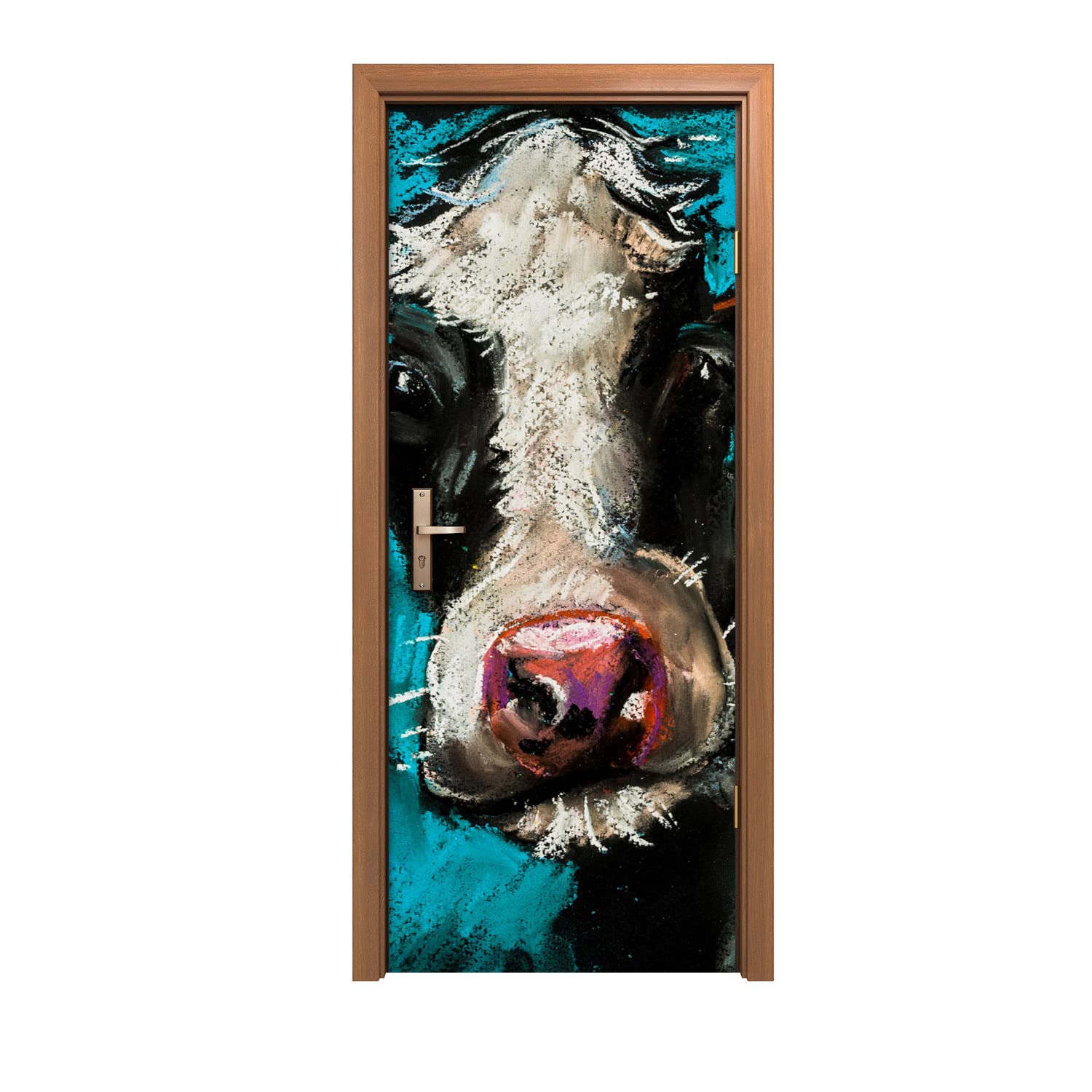 Autocollant de porte Coloray pour rénover une porte abîmée avec un motif vache