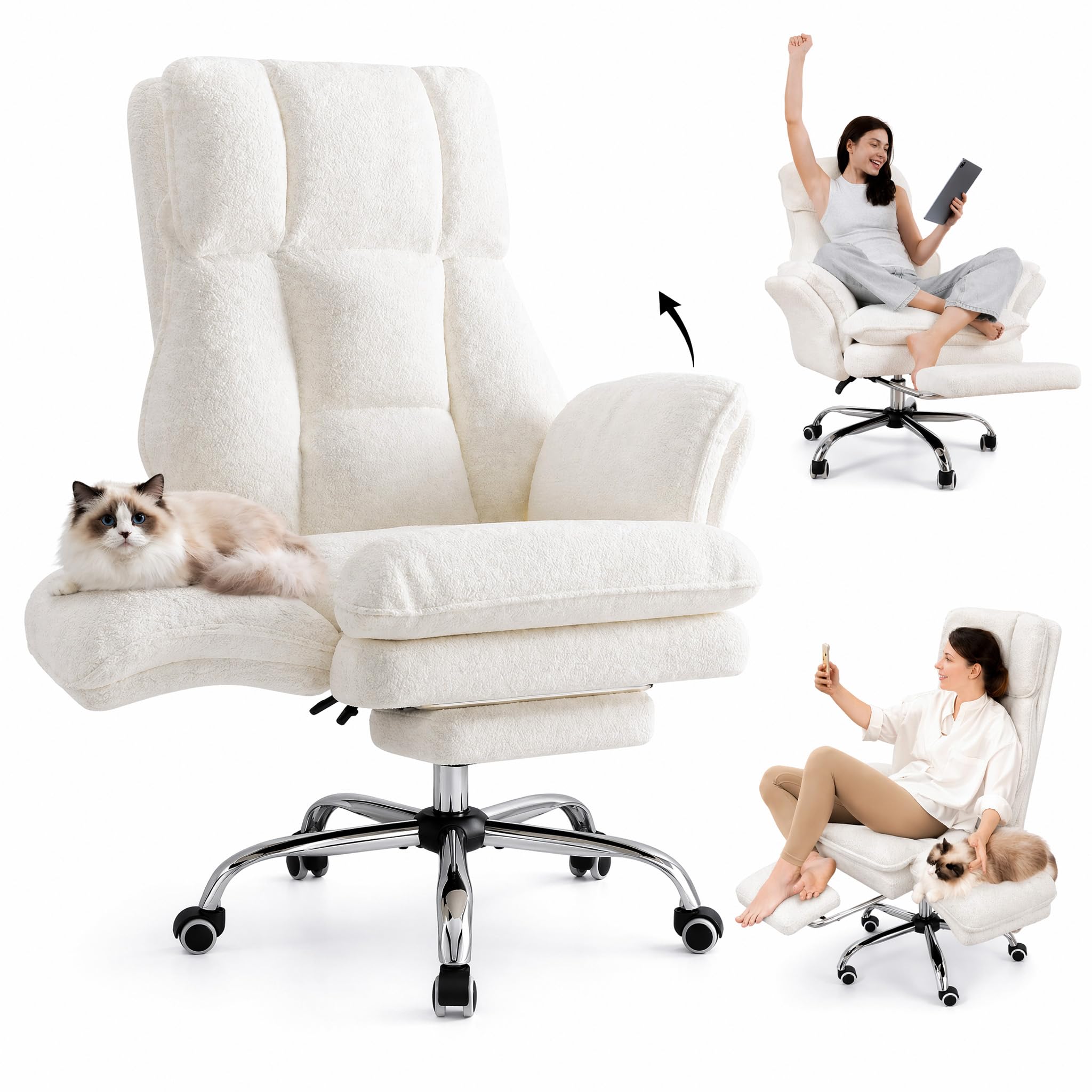 Big and Tall Office Chair, Ergonomic Executive Desk Chair with Foot Rest, Wide Seat Cross Legged Chair, High Back Reclining Home Office Chair, Teddy Fleece Computer Chair with Flip-Up Armrests, Beige