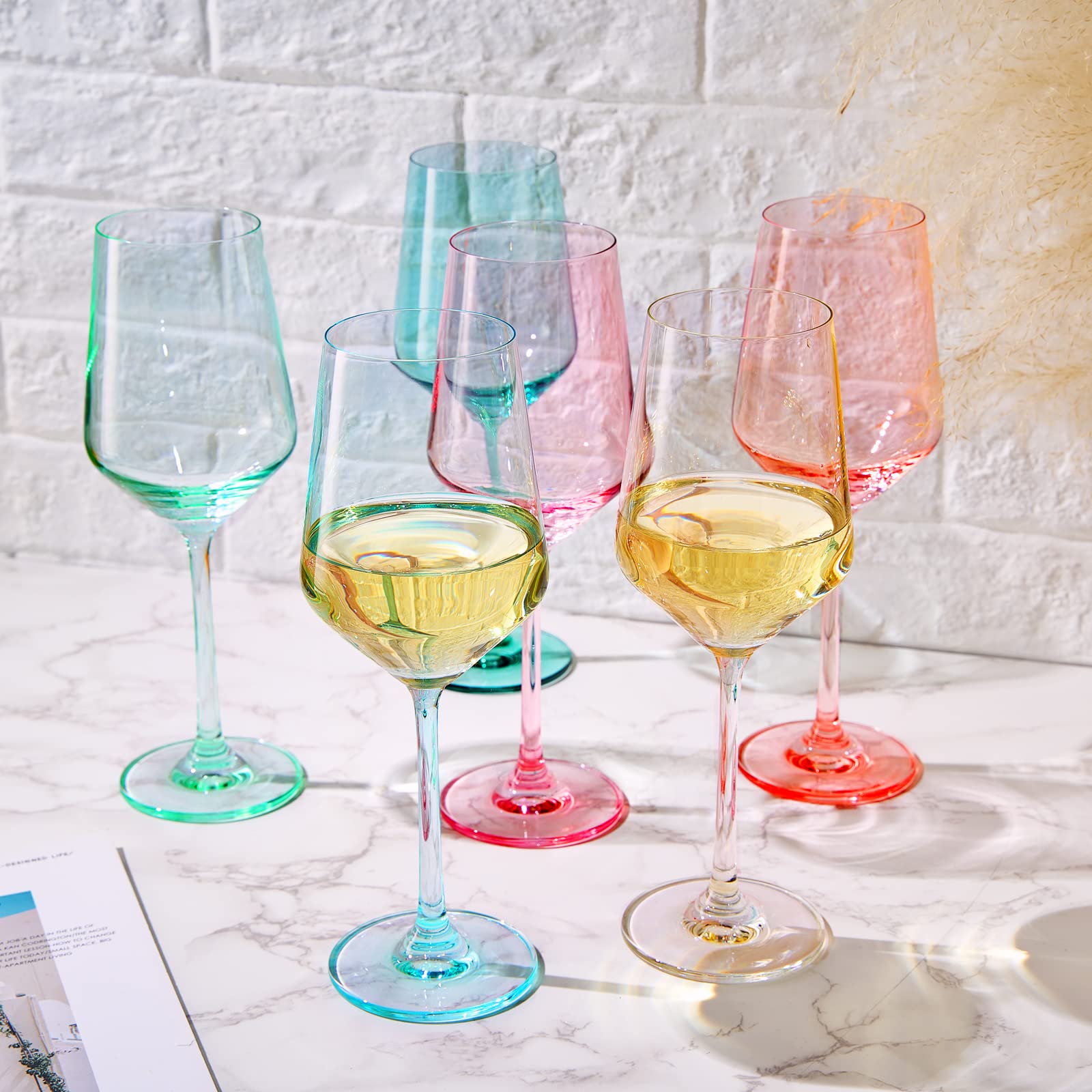 Farbiges Weinglas-Set, gedeckt, große 340 ml Gläser, 6 Stück, einzigartiger italienischer Stil für Weiß- und Rotwein, Geschenke für sie, Freundin, Frühling und Sommer, schöne Glaswaren (Stiel)