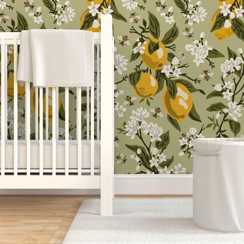 Peel & Stick Wallpaper 3ft x 2ft - Bees Lemons Green Large Leaves Colored Corrected 21 Nature Citrus Traditional Custom Removable Wallpaper by Spoonflower