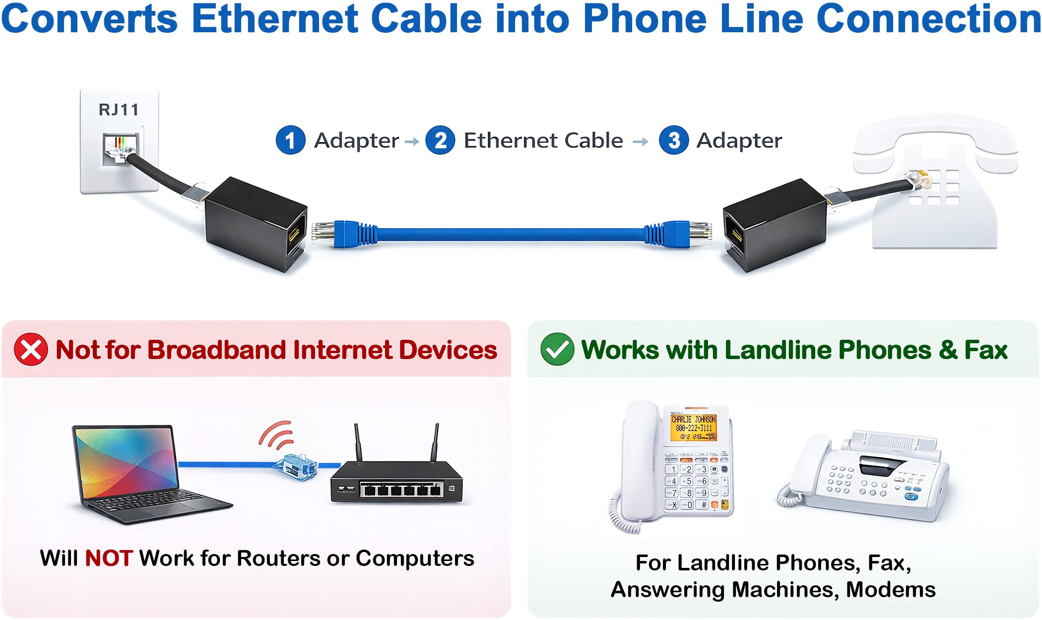 (1 unidad) Adaptador de conector de teléfono a Ethernet RJ45 hembra a RJ11 macho para servicio telefónico fijo