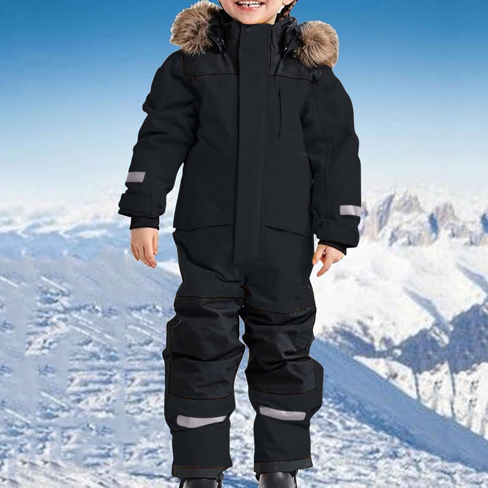 Mono de nieve para niña, resistente al viento, impermeable, forro polar grueso, con capucha y reflectores, traje de esquí de una pieza para niños pequeños, traje de nieve para vacaciones de invierno