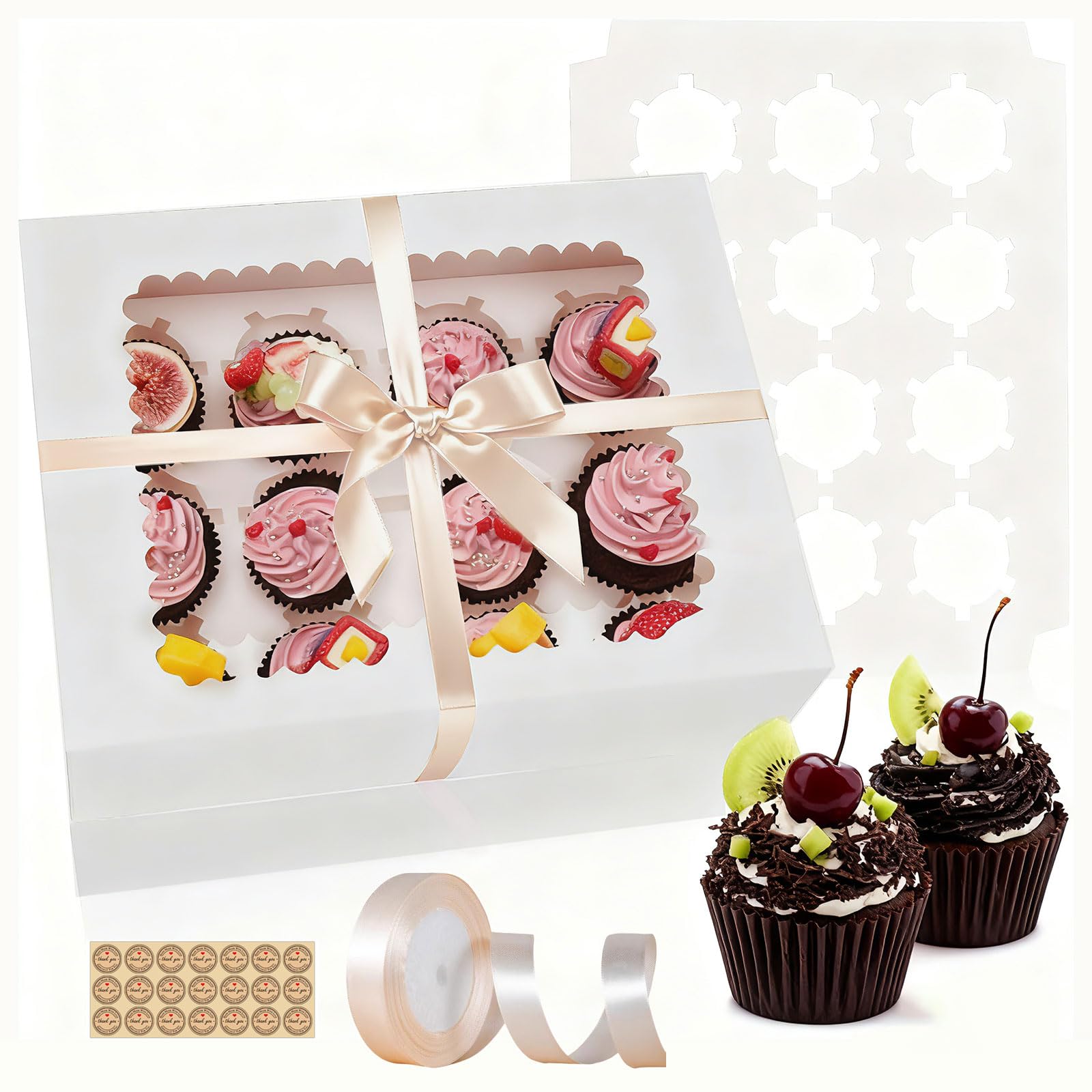 15 Pack Cupcake Boxes Cupcakes Carrier 12 Cupcake Containers, 12 Cupcake Boxes with Window,Food Grade Cupcake Holders Bakery Carrier Boxes for Cupcakes,Muffins,Pastries (White,12.8x10x3.5 inch)