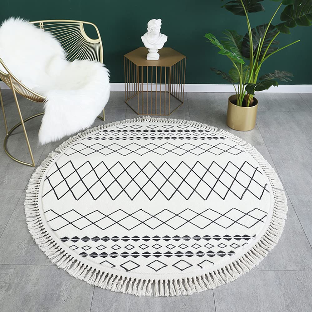 GueTTO Tapis rond en coton et lin de style bohème tissé à la main avec pompons lavable pour salon, chambre à coucher, A, 160 cm