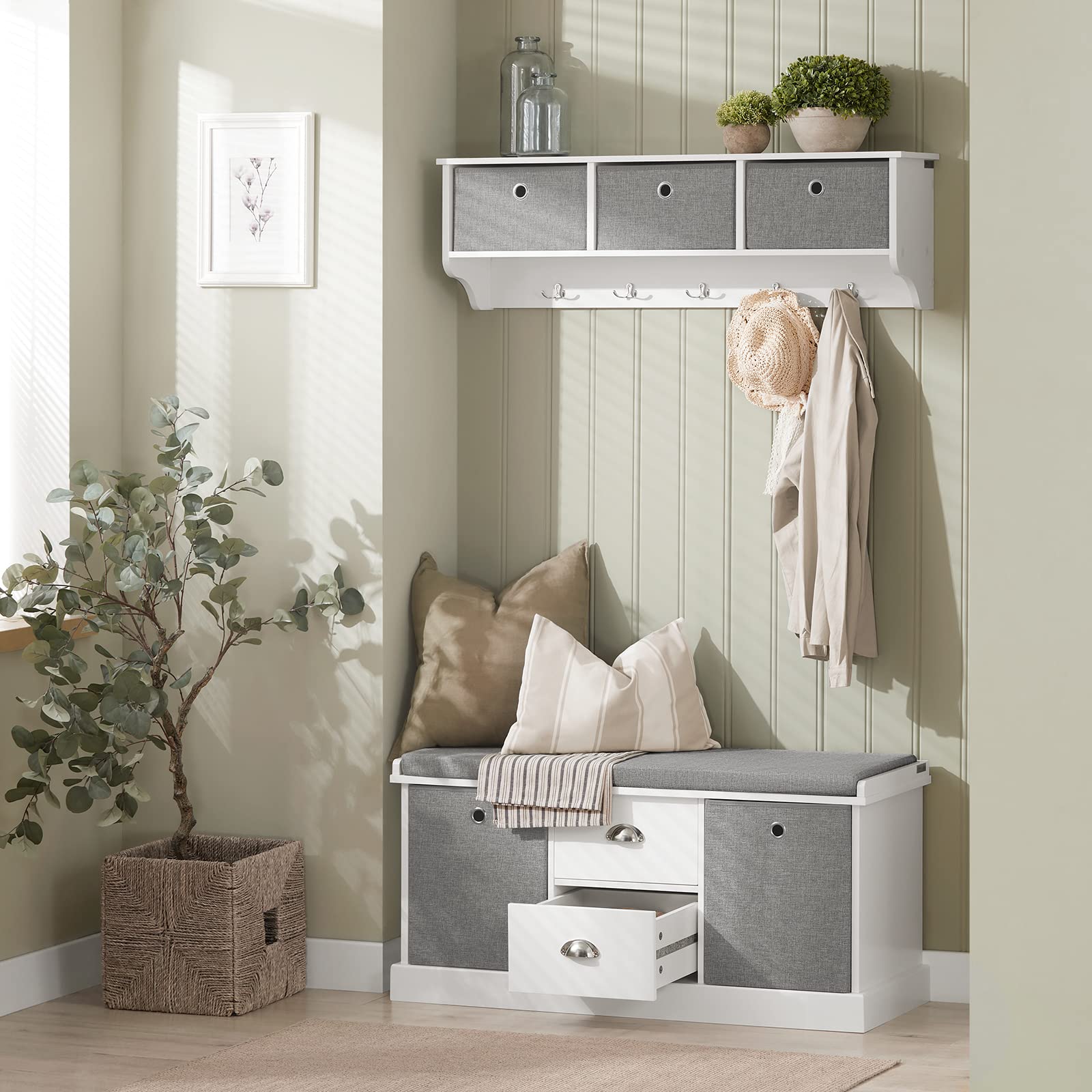SoBuy Banc de Rangement avec Coussin Rembourré, Meuble Bas Entrée, Commode à Chaussure avec 2 Tiroirs et 2 Paniers,Armoire à Chaussure, pour Entrée, Salon, Blanc et Gris, 100x35x50 cm, FSR66-HG