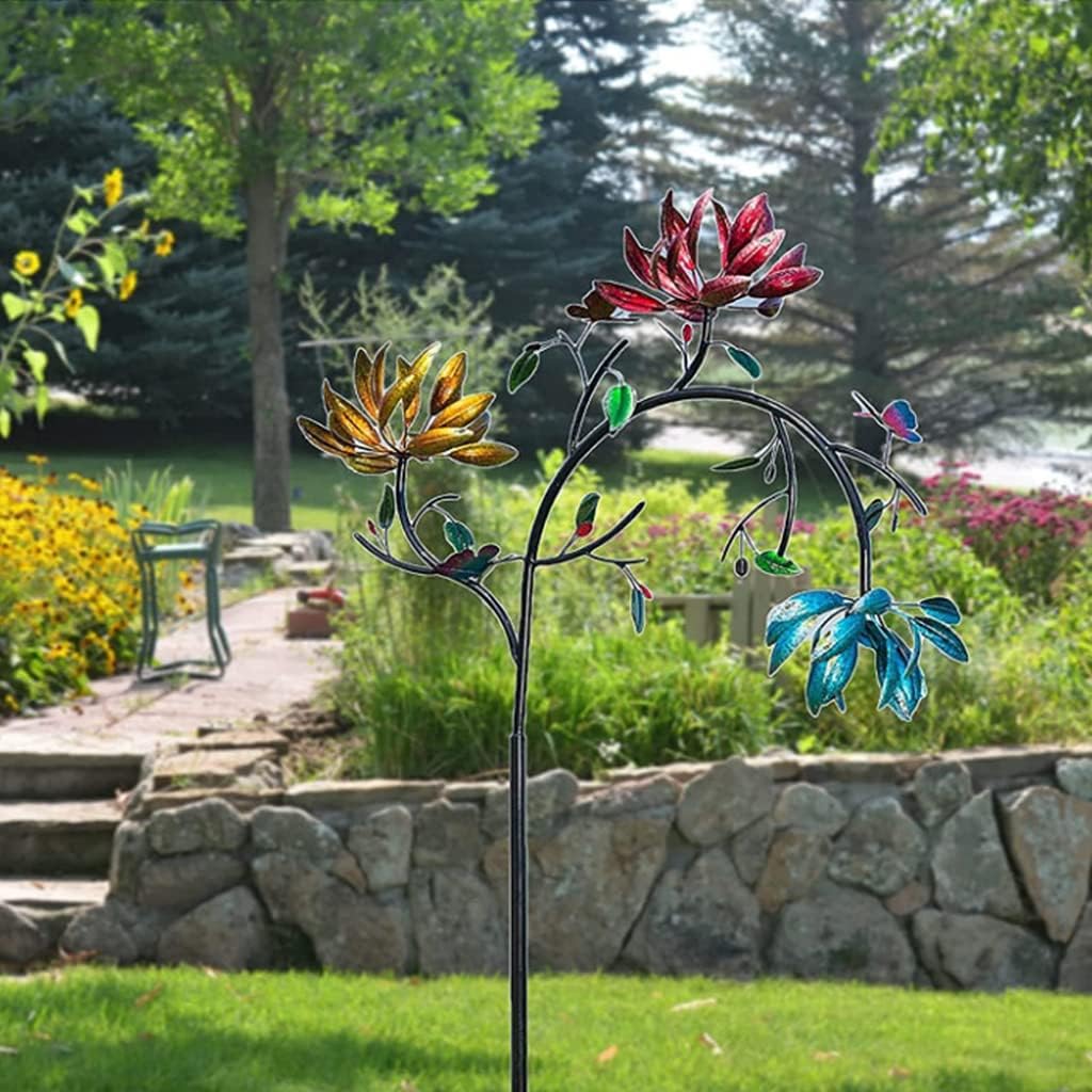 Large Metal Wind Spinner with Three Spinning Flowers Butterflies Windmill Decor Outdoor Yard Garden Art Decoration