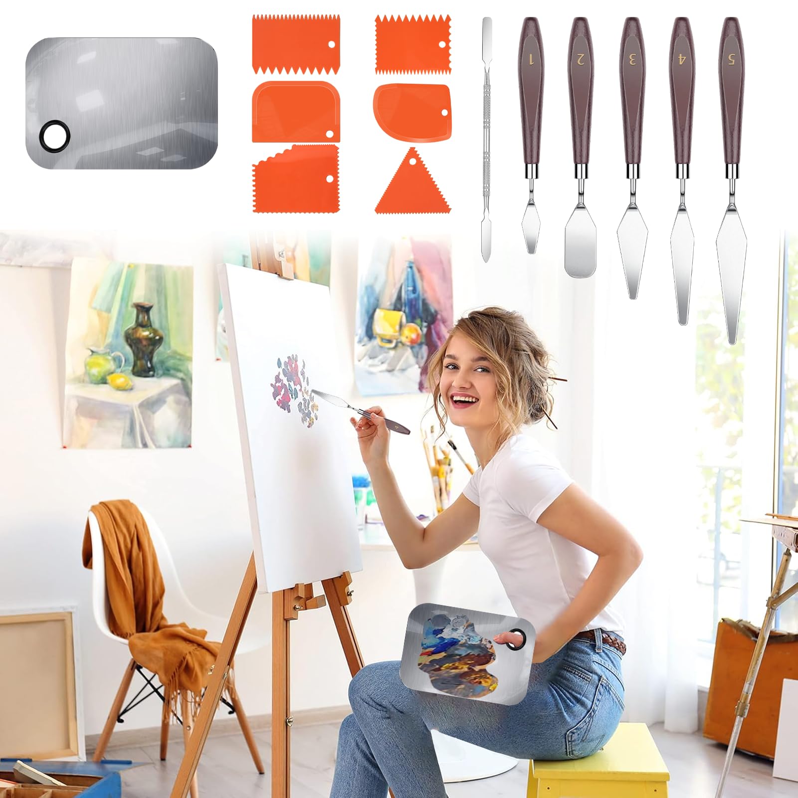 Lot De 13 Couteaux à Peindre Et Spatules - 7 Couteaux à Palette + 6 Couteaux à Racler - Pour Peinture Acrylique, Texture, Huile - Lames En Acier Inoxydable - 7