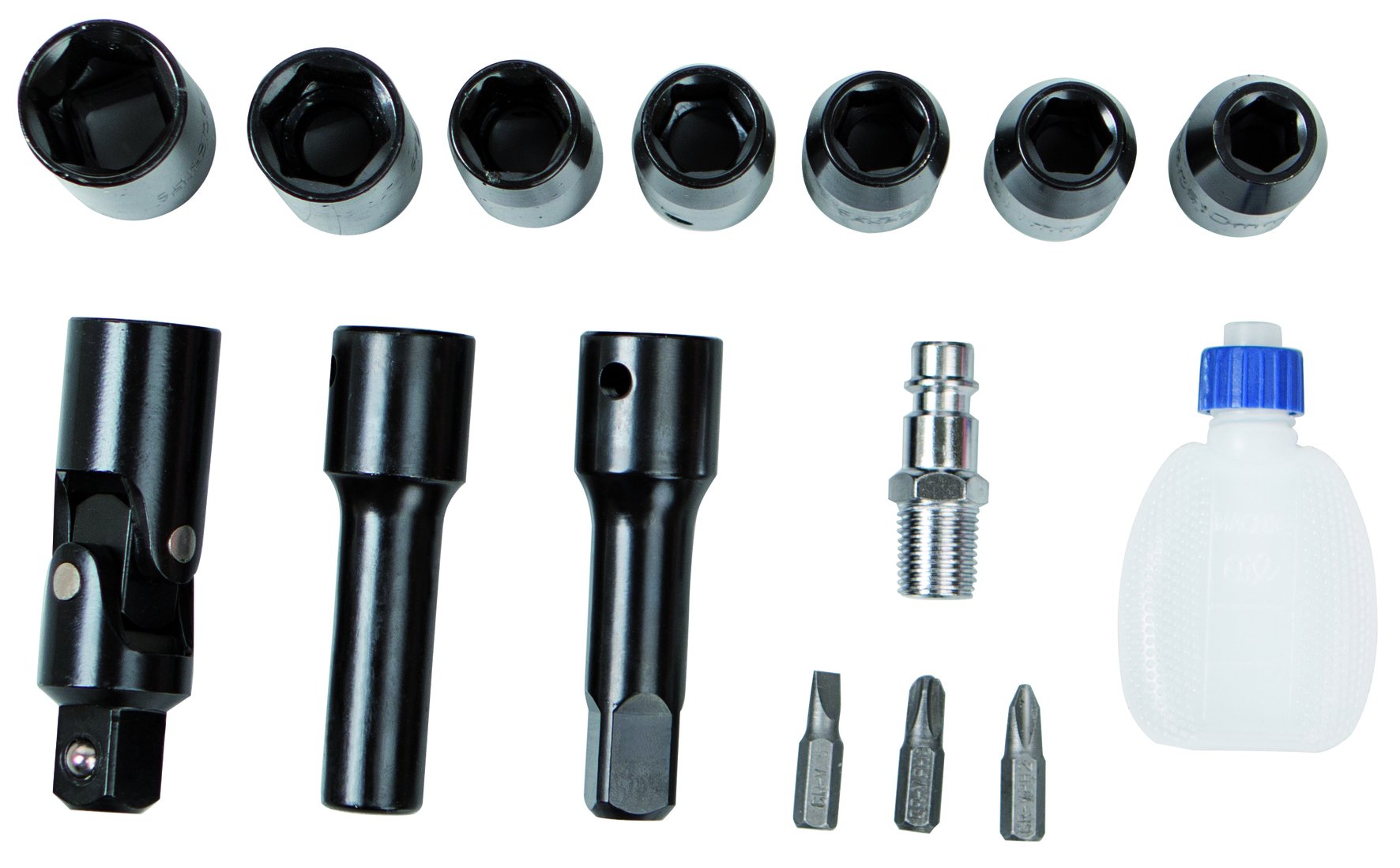 Scheppach Śrubokręt grzechotkowy na sprężone powietrze, akcesoria 1/2", 7 x klucz nasadowy 1/2", po 1 x przedłużka 1/2", przegub kardanowy, uchwyt do bitów, butelka oleju, 3 x bit, zapotrzebowanie na powietrze Ø 7 l/min