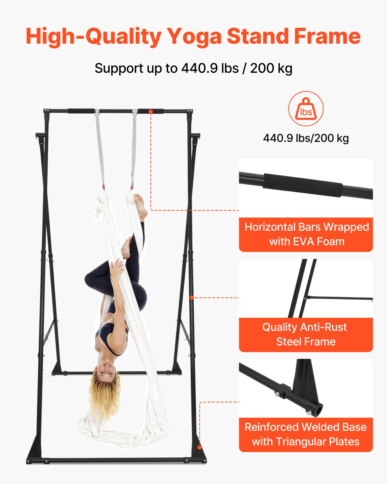 Condition photo showing New/Like New for vevor yoga stand frame, max 441-551 lbs load swing stand, triangular structure aerial rig, aerial silk stands with yoga hammock, standard & height-adjustable version