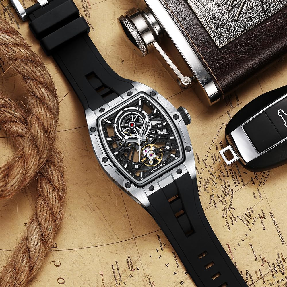 AIMES Tonneau Herren-Automatikuhr, luxuriöse Skelett-Uhren für Herren, automatischer Aufzug, mechanisch, wasserdicht, analog, einzigartig, cool, quadratisch, großes Zifferblatt, Armbanduhr mit