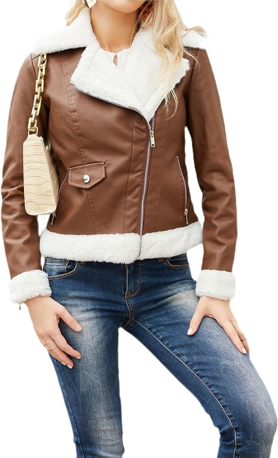 Women Leather Jacket Faux Fur Moto Jacket Faux Shearing Moto Bomber Jacket Warm Trench Coat Aviator Jacket