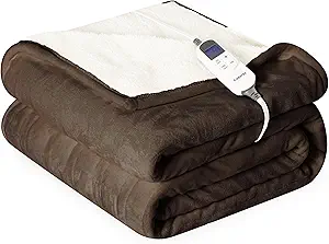 Heat Blanket 50”x60” Throw,Soft Flannel & Sherpa Reversible Electric Blanket with 10 Heat Settings,12 Timer Setting and 3 Hours Auto-Shut Off,ETL Certified Machine Washable,Dark Brown