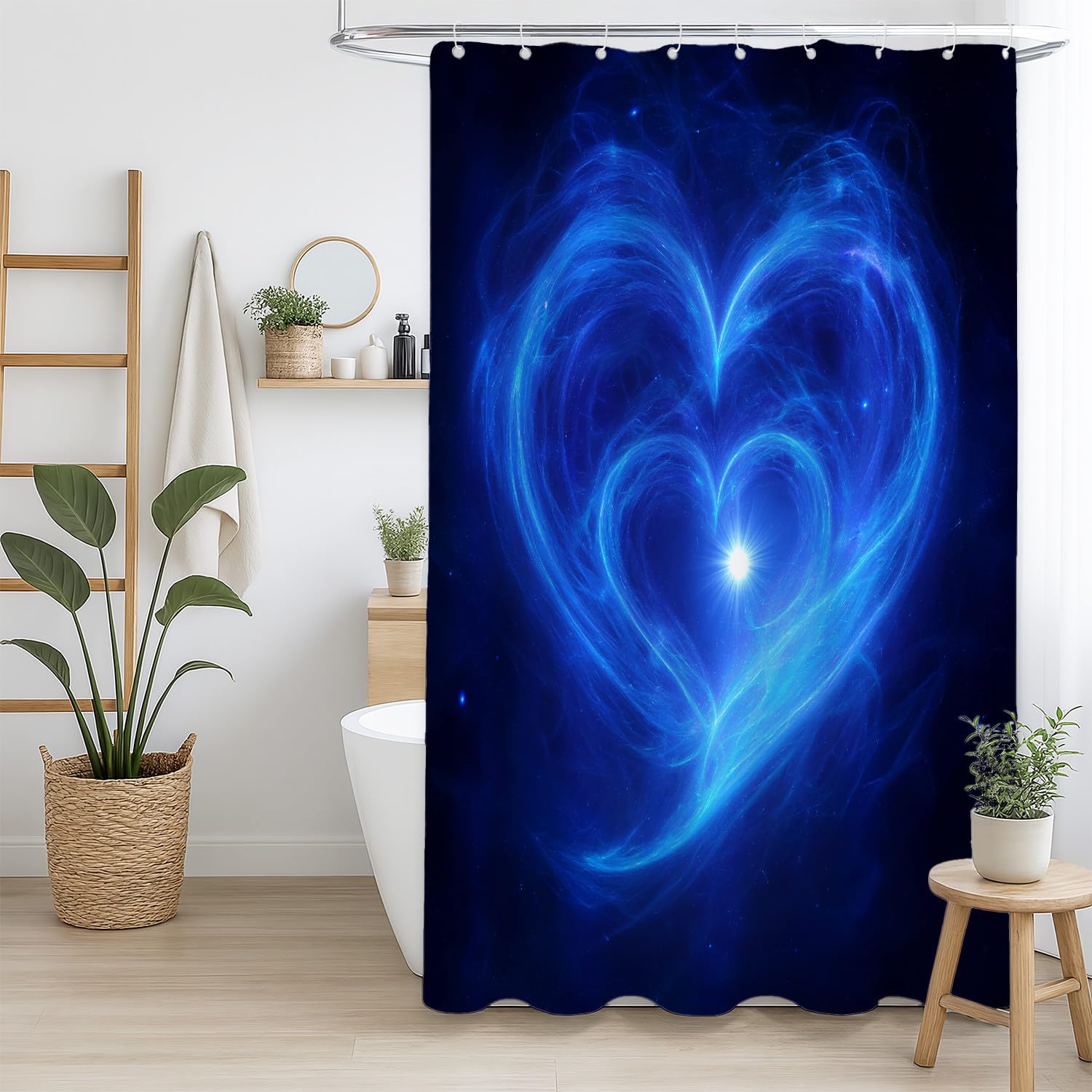 Generico Zasłona prysznicowa 200 x 200 cm, 1 sztuka, miękka mikrofibra, wodoodporna i odporna na pleśń, zmywalna, do łazienki lub wanny, z oczkami i haczykami, jasnoniebieskie serce i cień