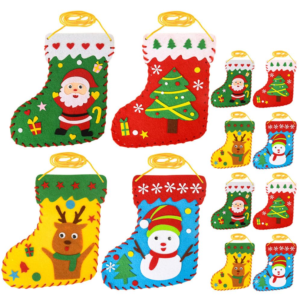TOYANDONA Set di 12 calzini natalizi in feltro da fare da soli, con motivi Babbo Natale, renne, pupazzo di neve e abete, ideale per cucire calze a mano. Decorazioni di