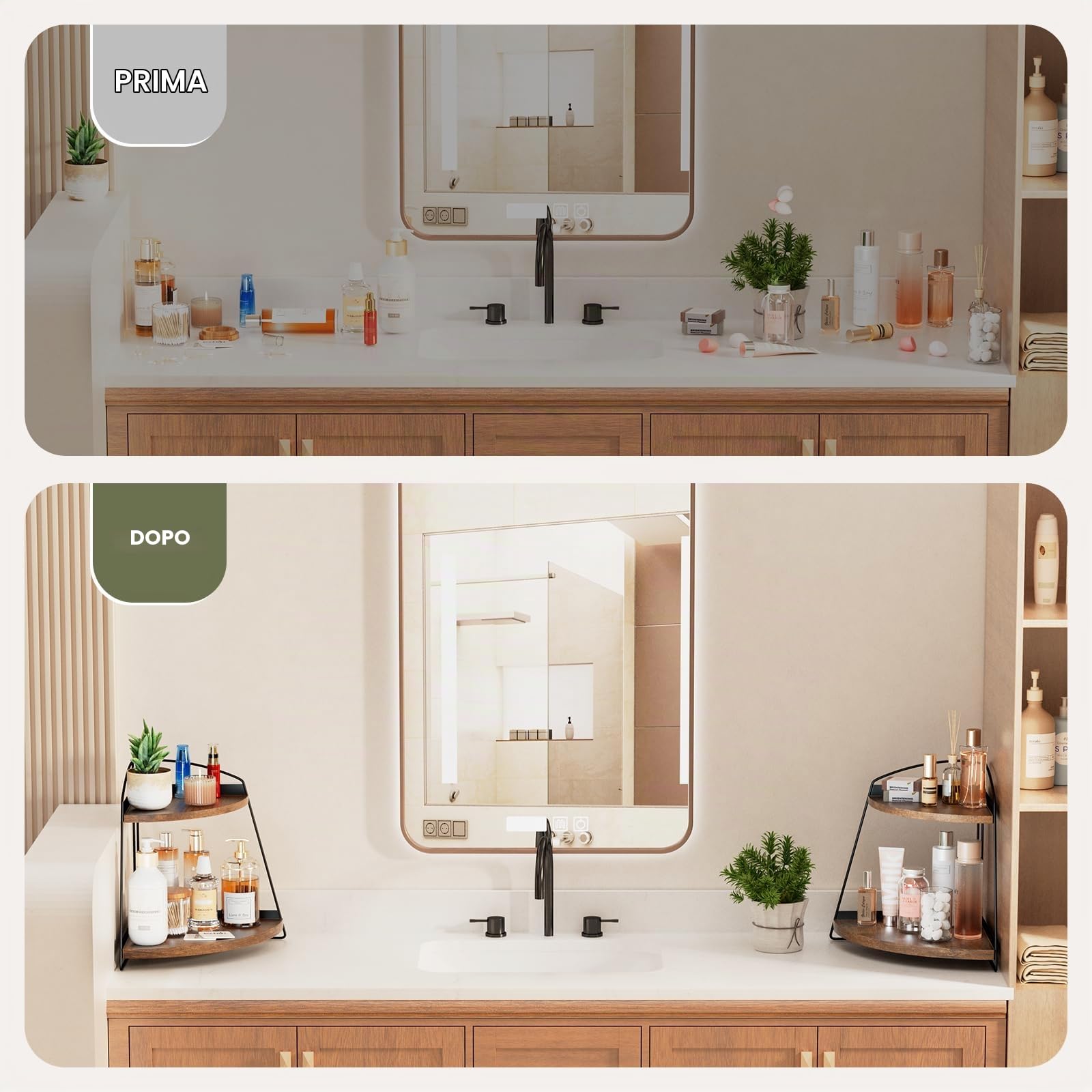 Puricon Organizer Bagno a 2 livelli in Legno, Organizer Porta Trucchi Dkincare Creme Profumi -Marrone 2Pezzi